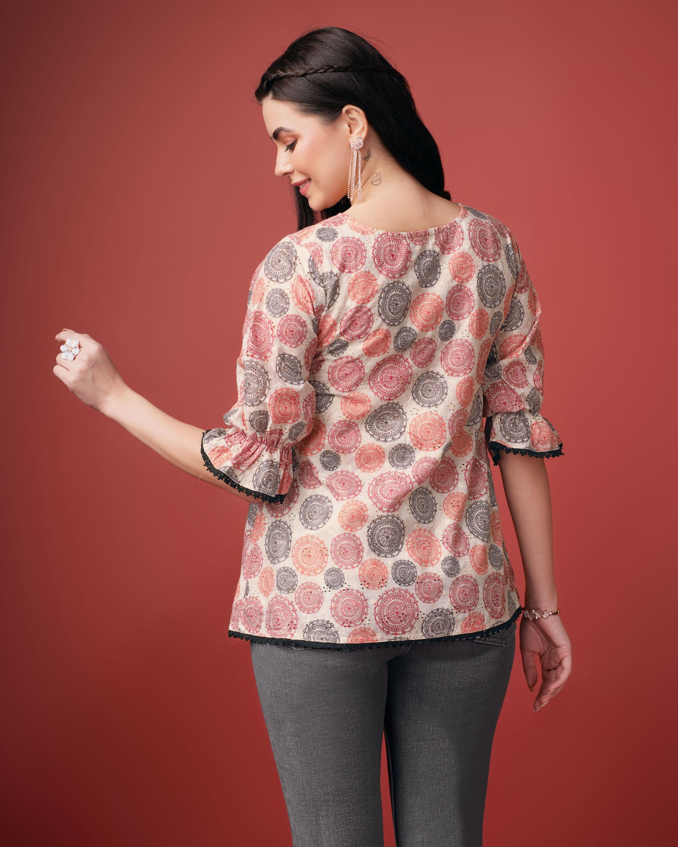 Her Couture Women's Beige Pure Cotton Blend Geometric Printed Bored Schiffli Embroidered A-line Top