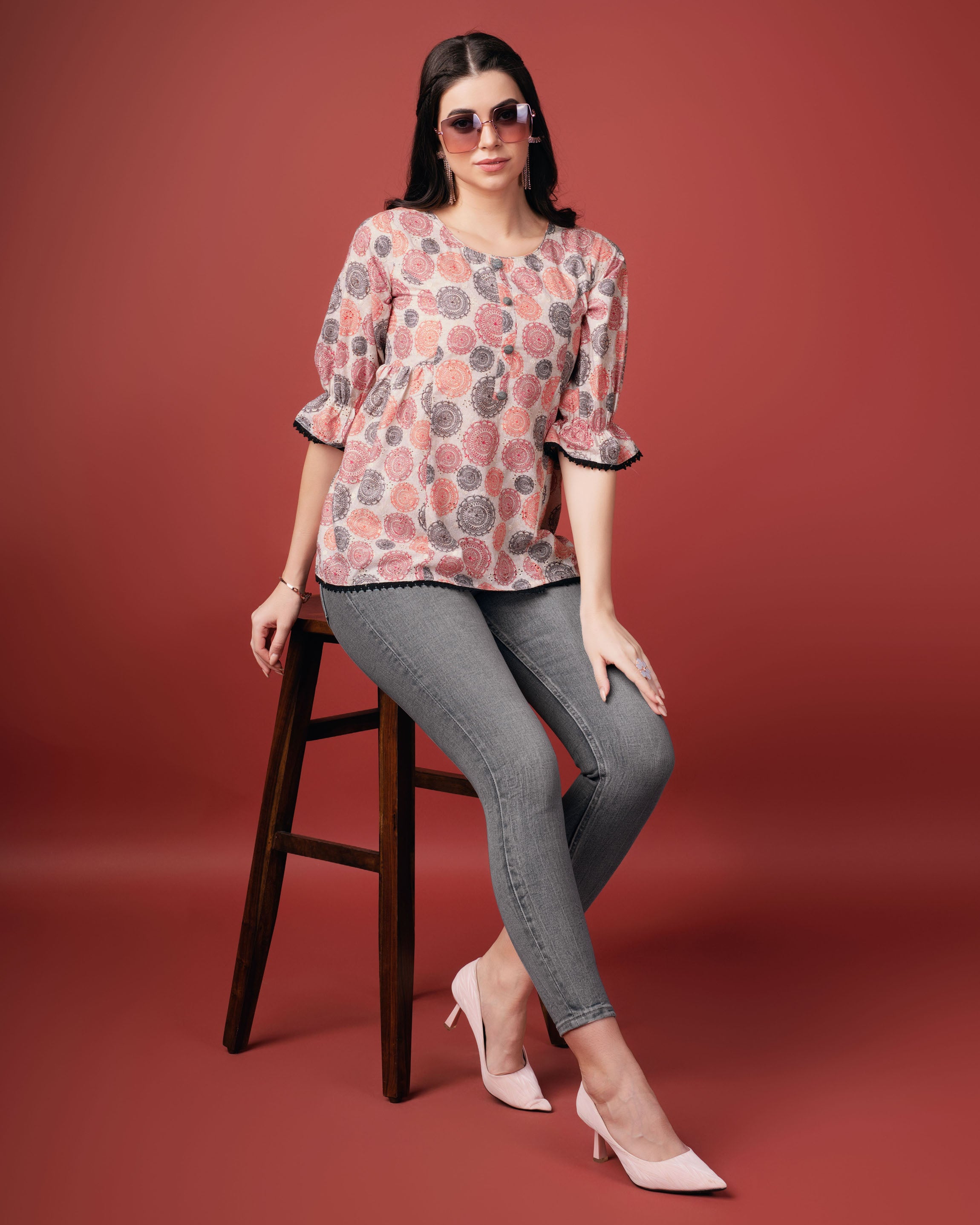 Her Couture Women's Beige Pure Cotton Blend Geometric Printed Bored Schiffli Embroidered A-line Top