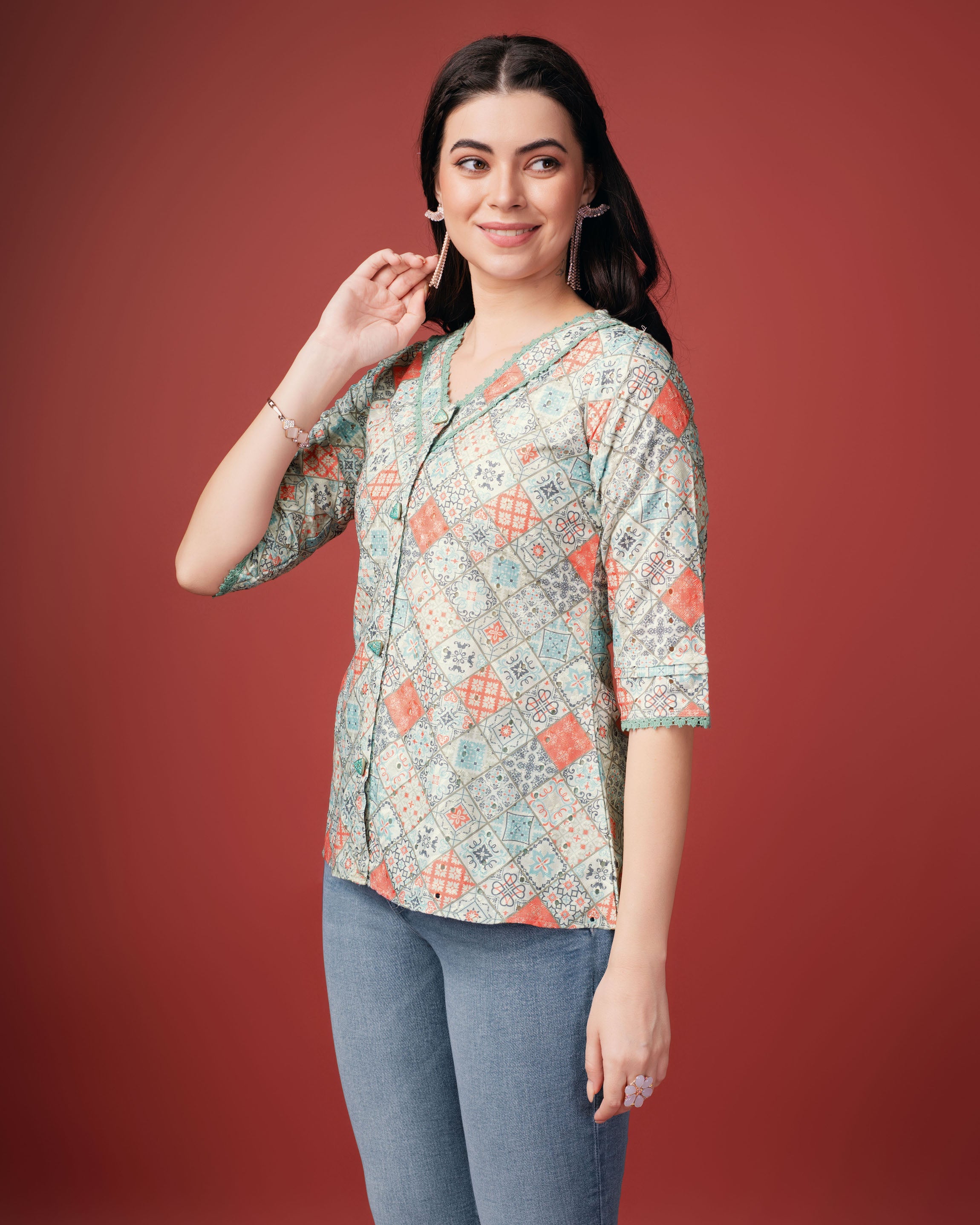 Her Couture Women's Sea Green Pure Cotton Blend Geometric Printed Bored Schiffli Embroidered Shirt Style Top