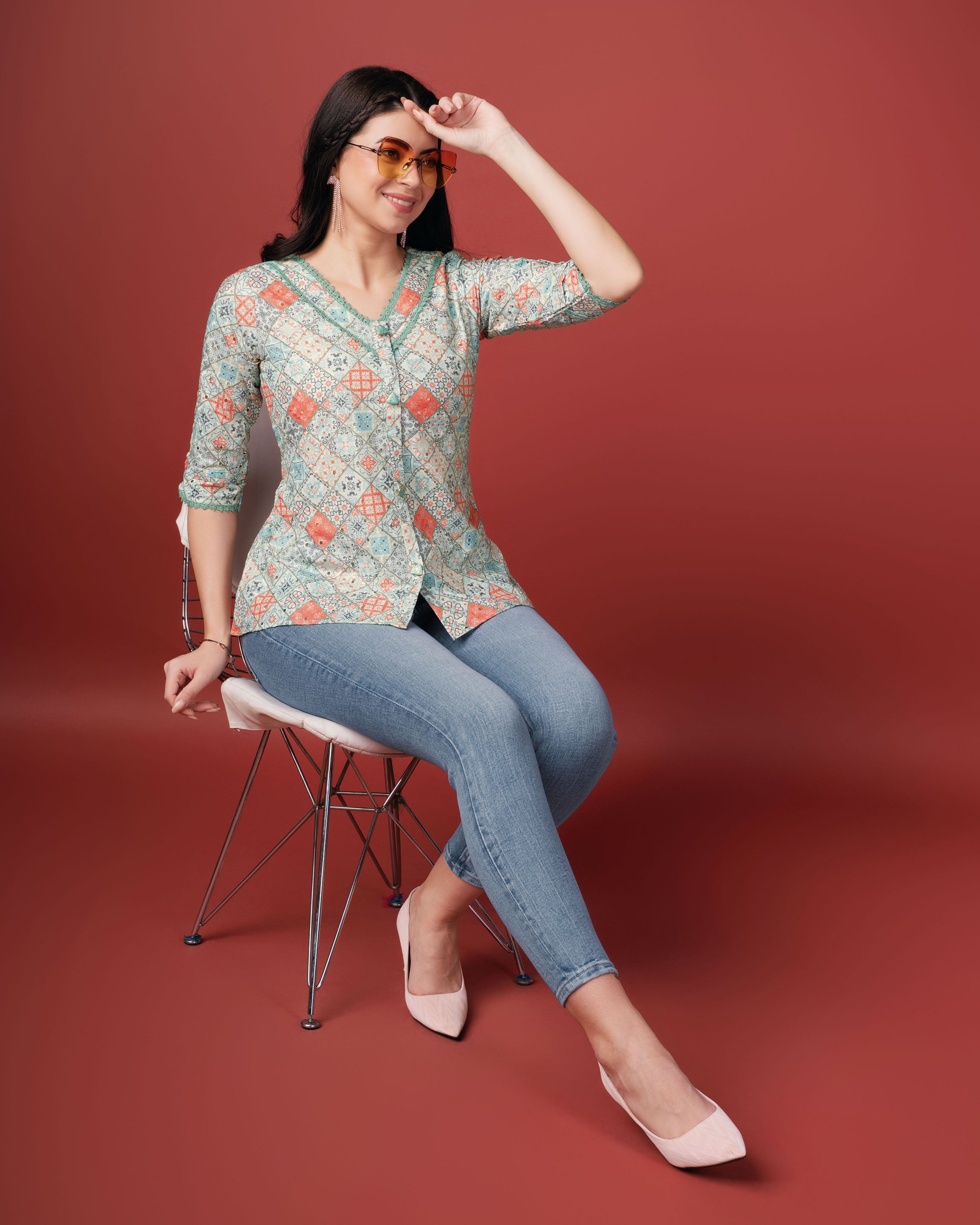 Her Couture Women's Sea Green Pure Cotton Blend Geometric Printed Bored Schiffli Embroidered Shirt Style Top