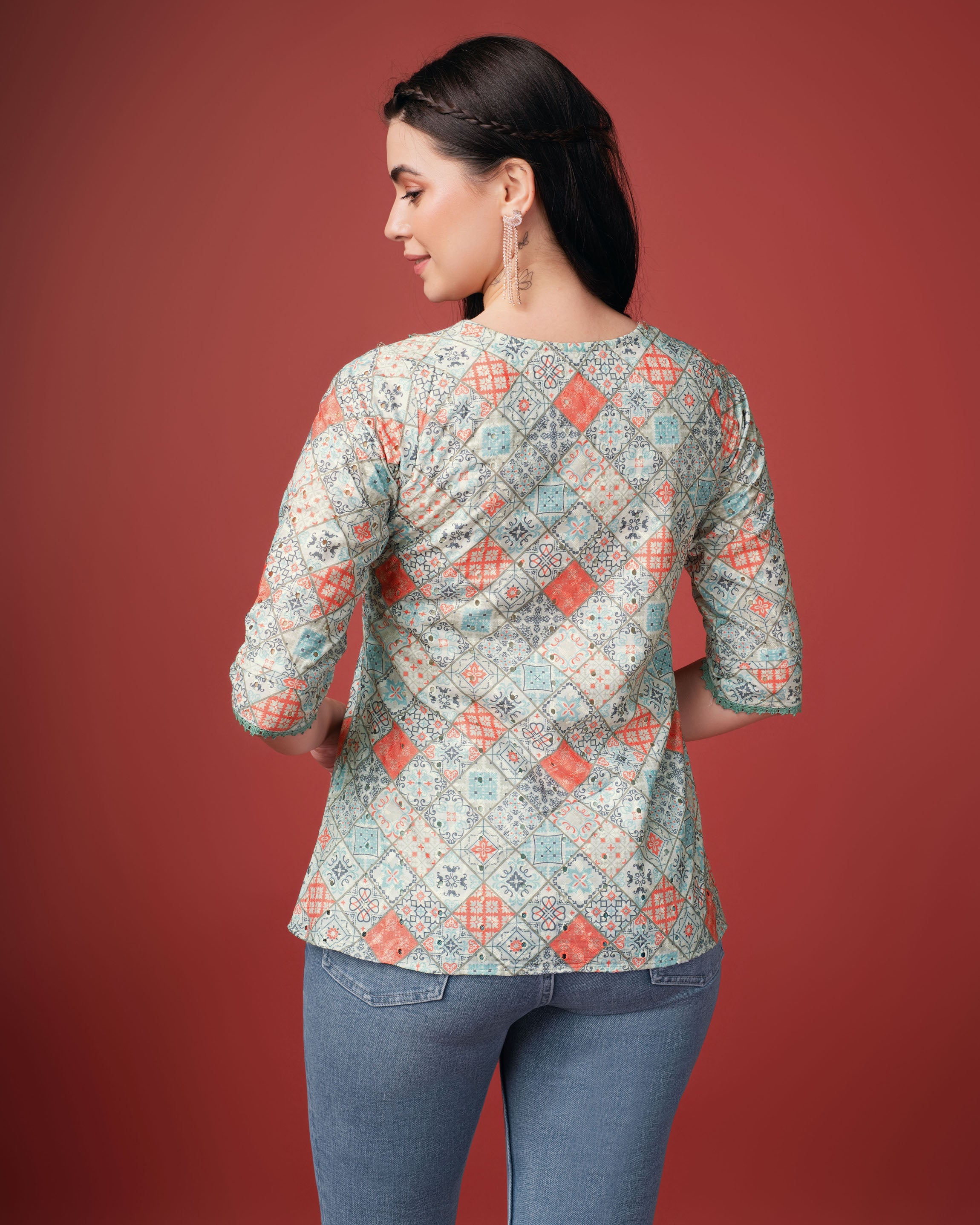 Her Couture Women's Sea Green Pure Cotton Blend Geometric Printed Bored Schiffli Embroidered Shirt Style Top
