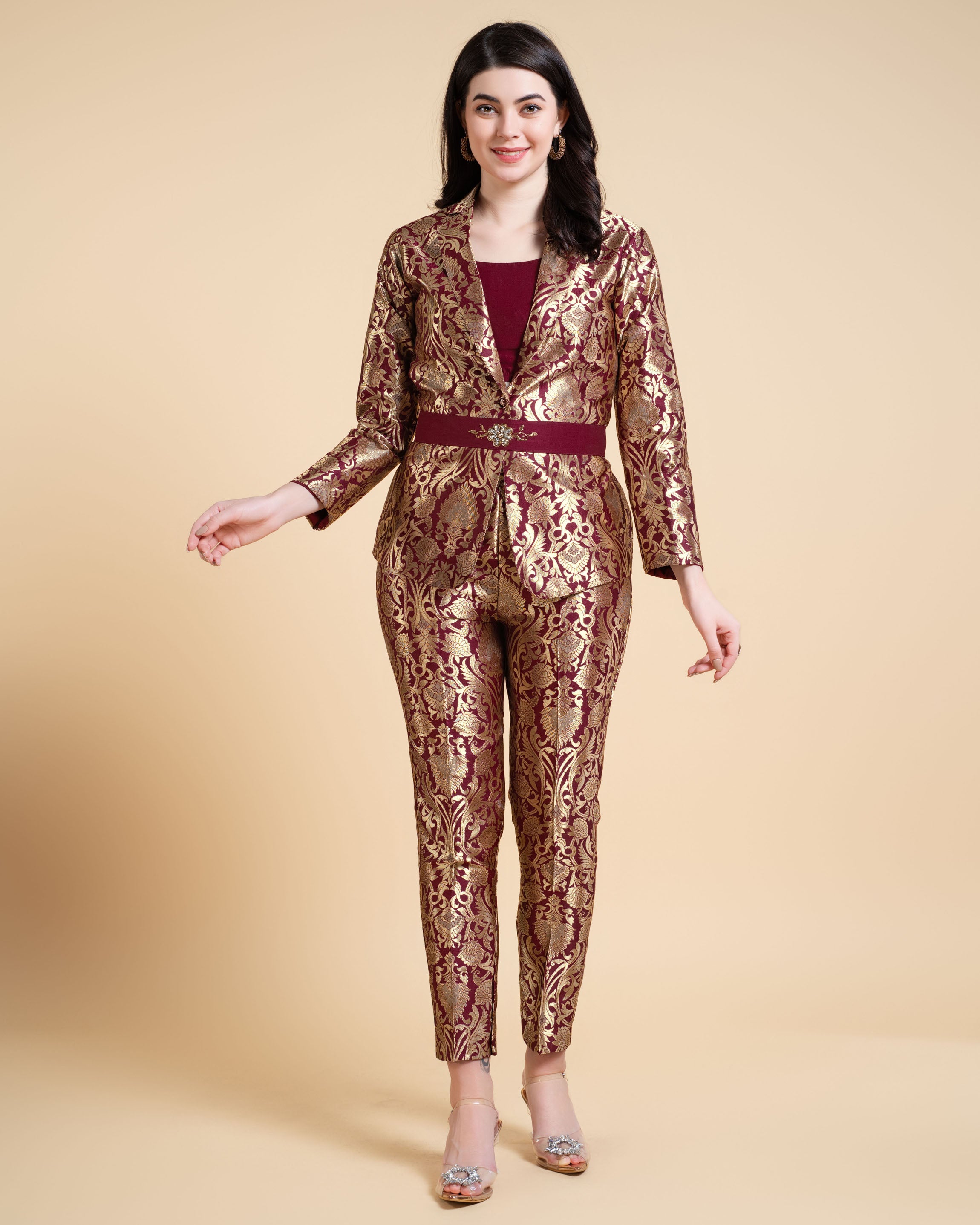 Maroon Jacquard Festive & Party Co-ord Set By Her Couture