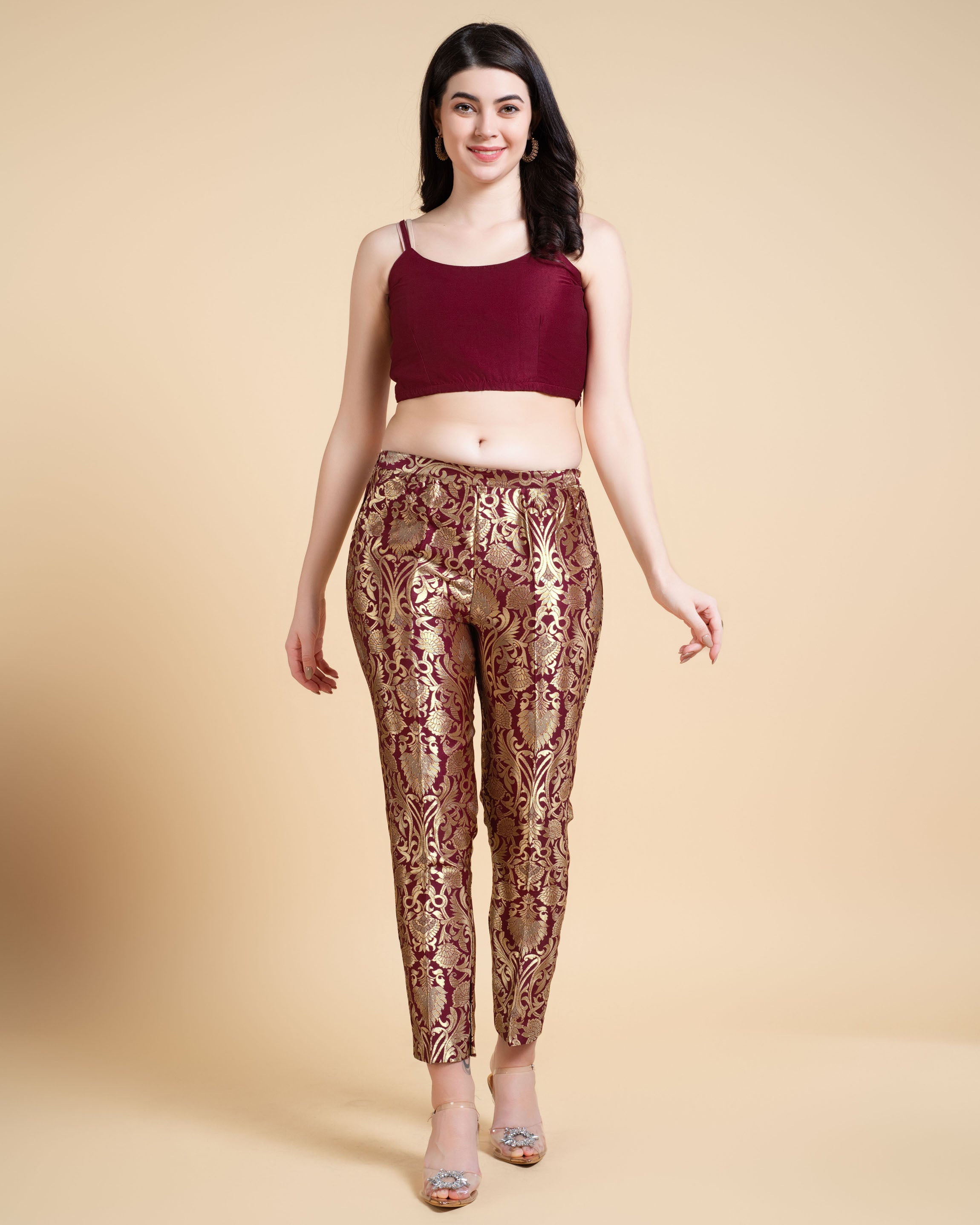 Her Couture Women's Maroon Jacquard Ethnic Motifs Brocade Woven Design Festive & Party Co-ord Set