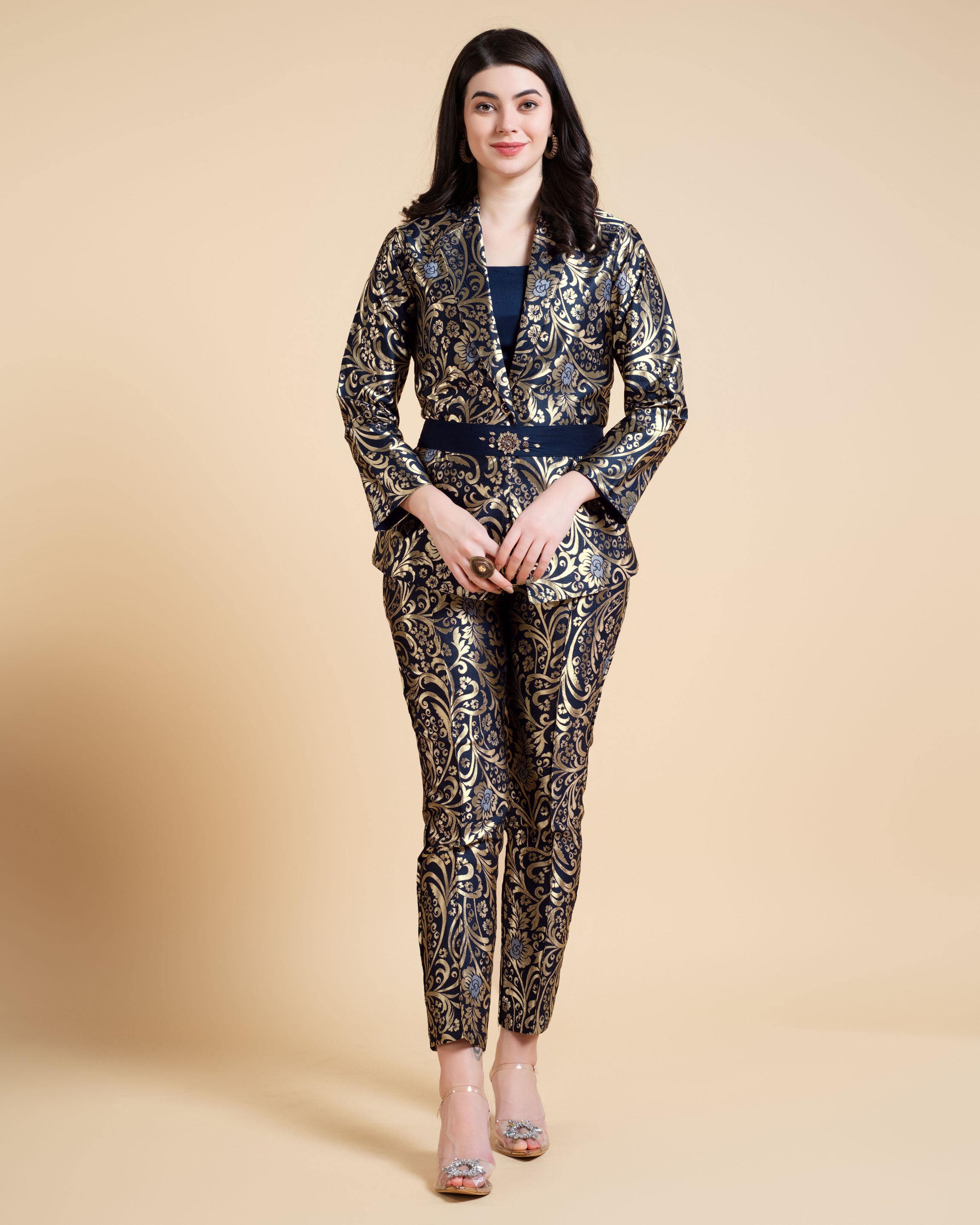 Navy Blue Jacquard Festive & Party Co-ord Set By Her Couture