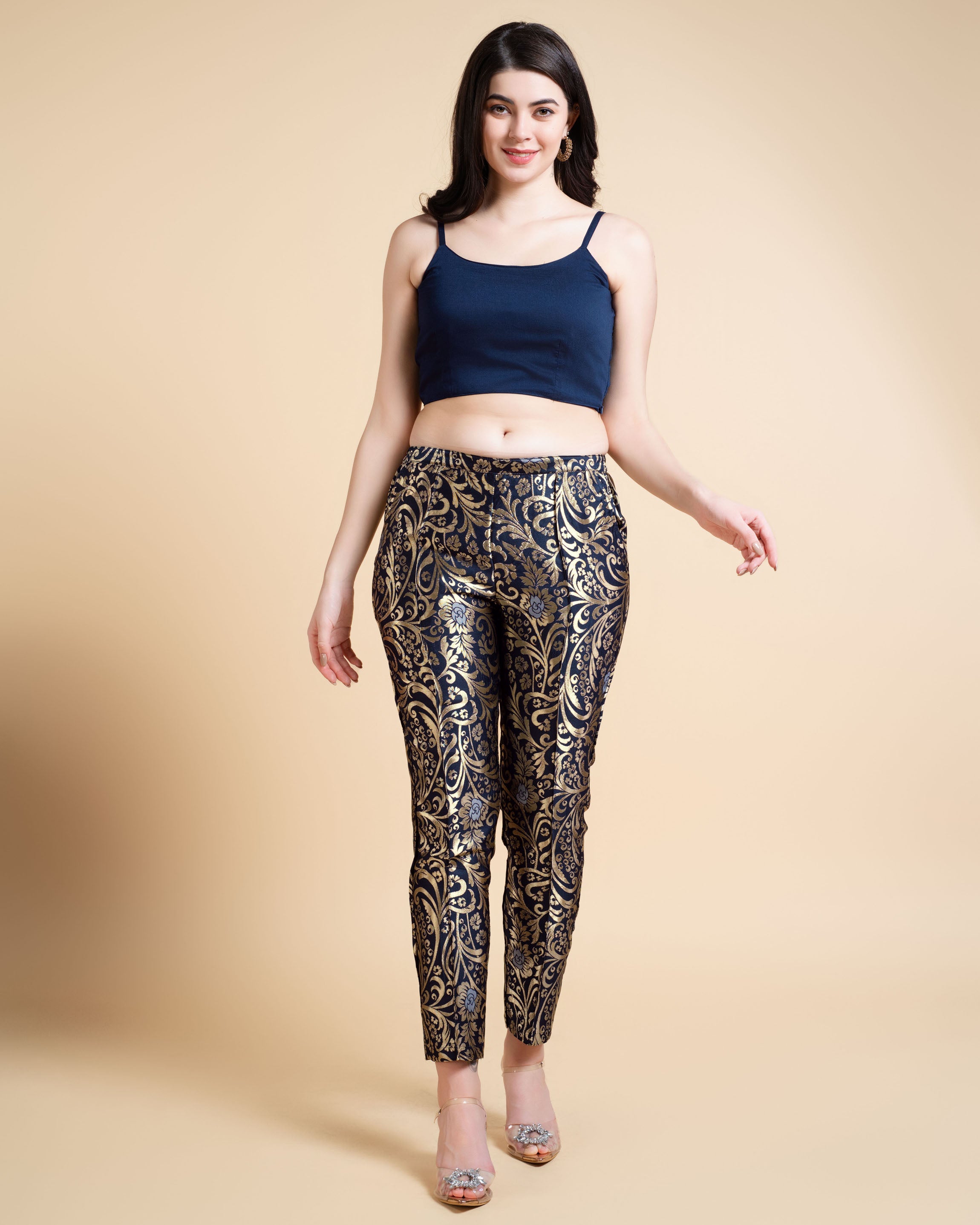 Her Couture Women's Navy Blue Jacquard Ethnic Motifs Brocade Woven Design Festive & Party Co-ord Set