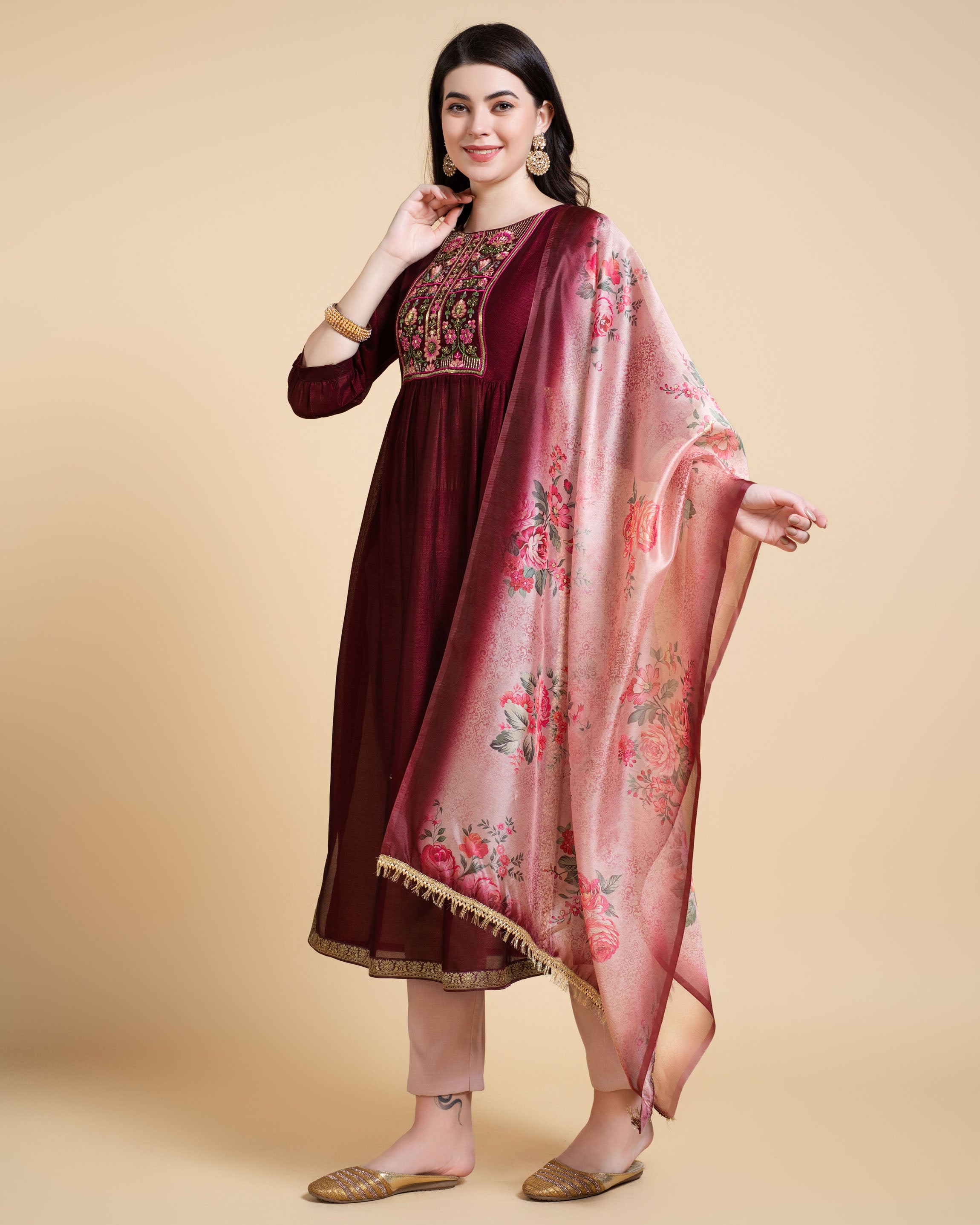 Her Couture Women's Maroon Vichitra Silk Nyra-cut Beaded Embroidered Kurta With Pant & Dupatta