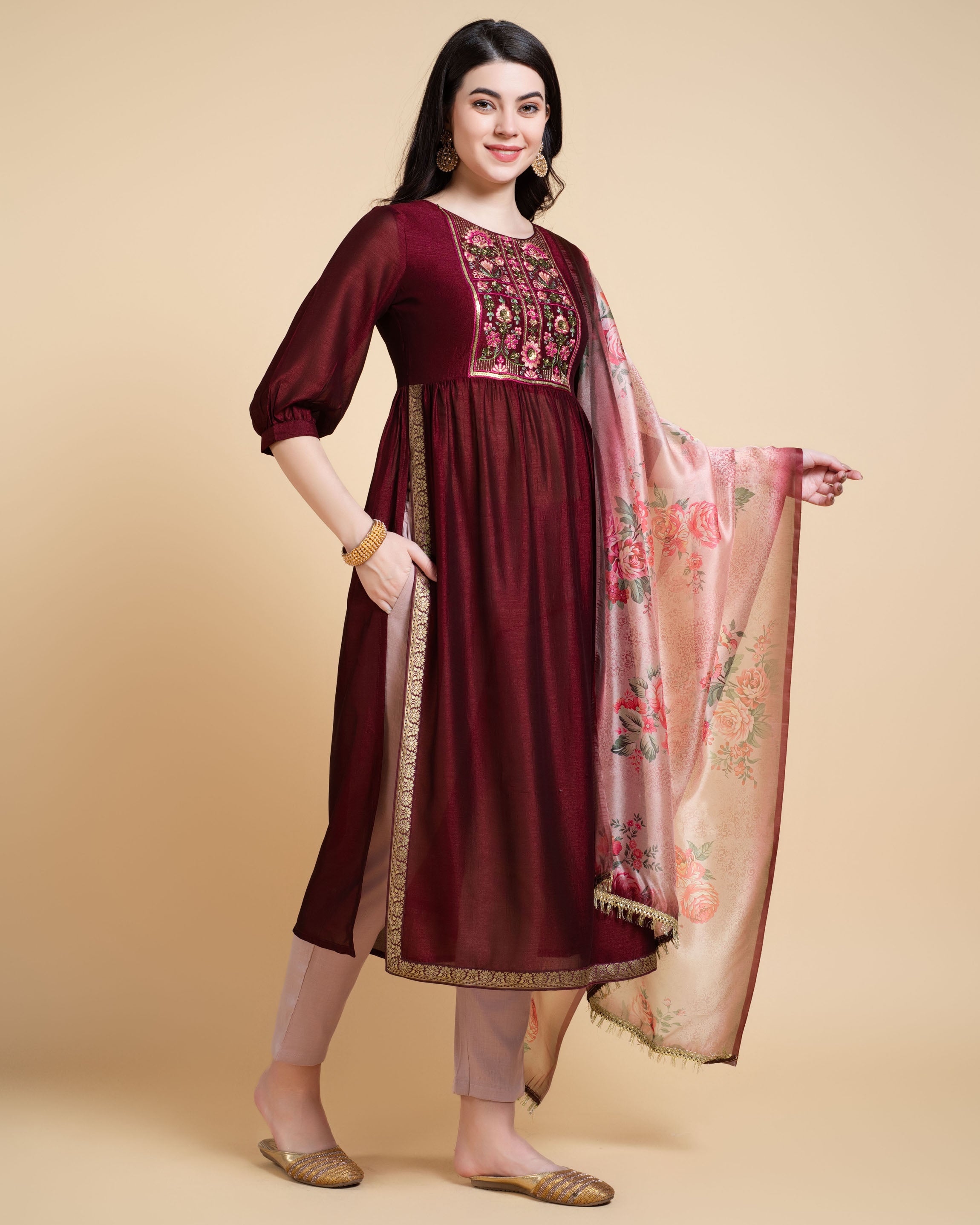 Her Couture Women's Maroon Vichitra Silk Nyra-cut Beaded Embroidered Kurta With Pant & Dupatta