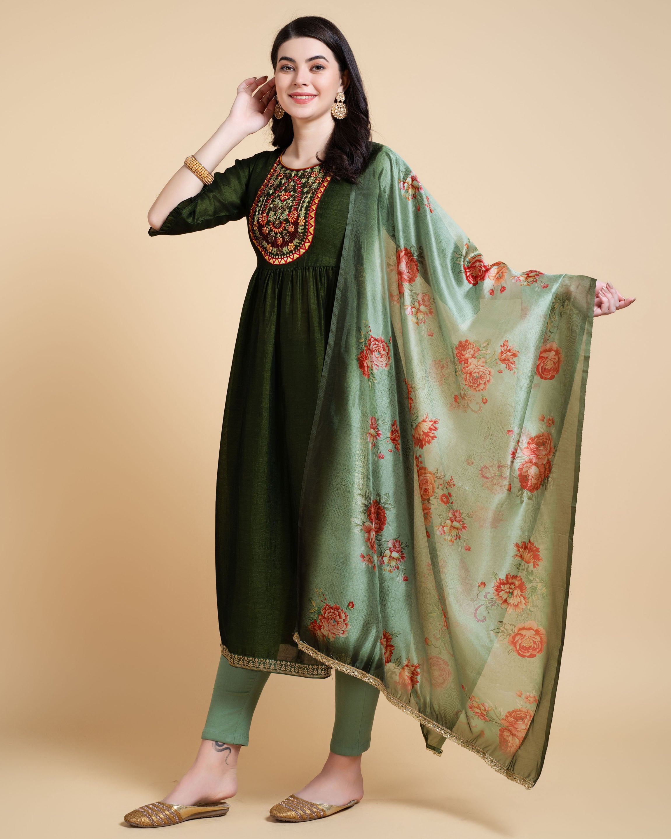 Her Couture Women's Green Vichitra Silk Nyra-cut Beaded Embroidered Kurta With Pant & Dupatta