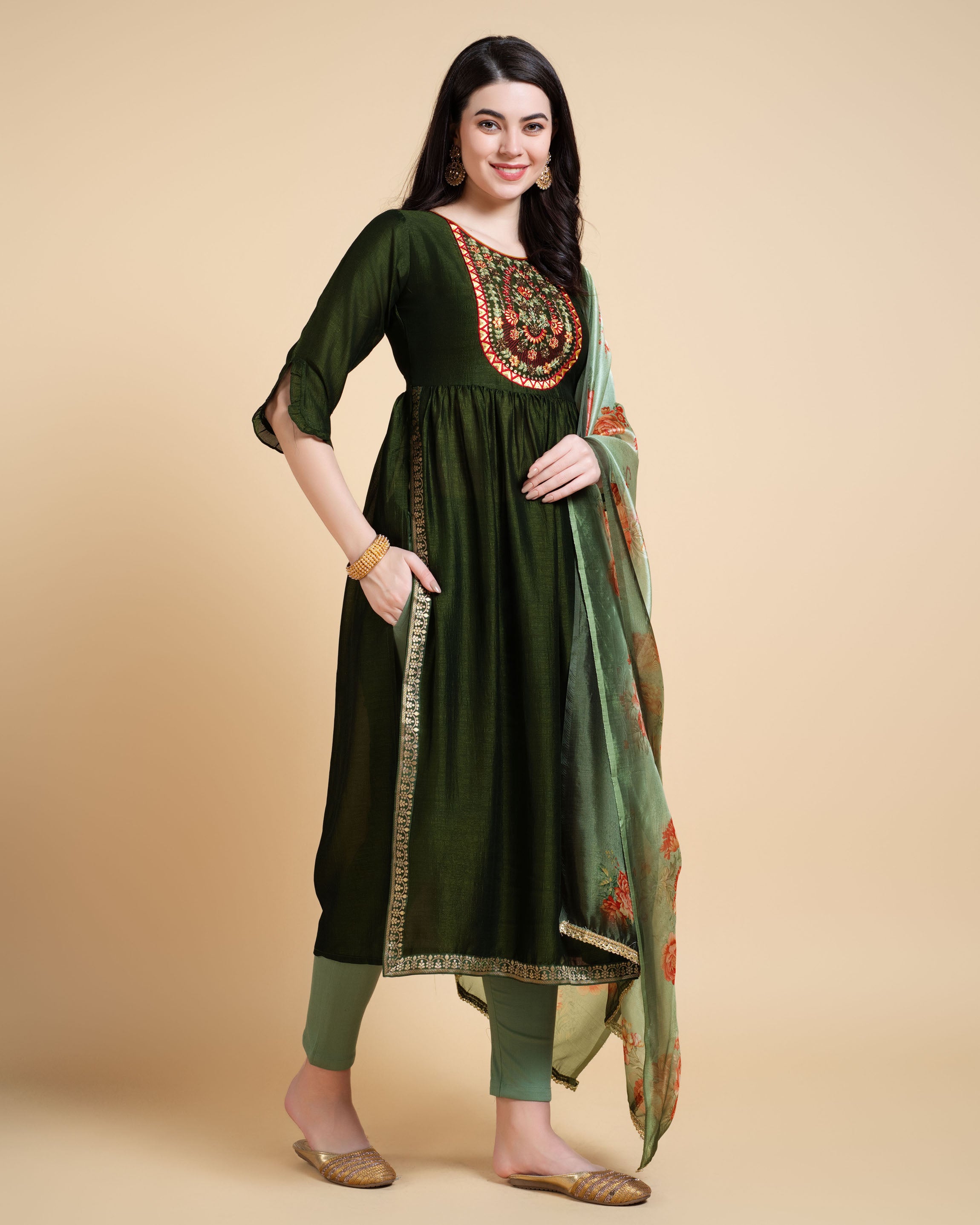 Her Couture Women's Green Vichitra Silk Nyra-cut Beaded Embroidered Kurta With Pant & Dupatta