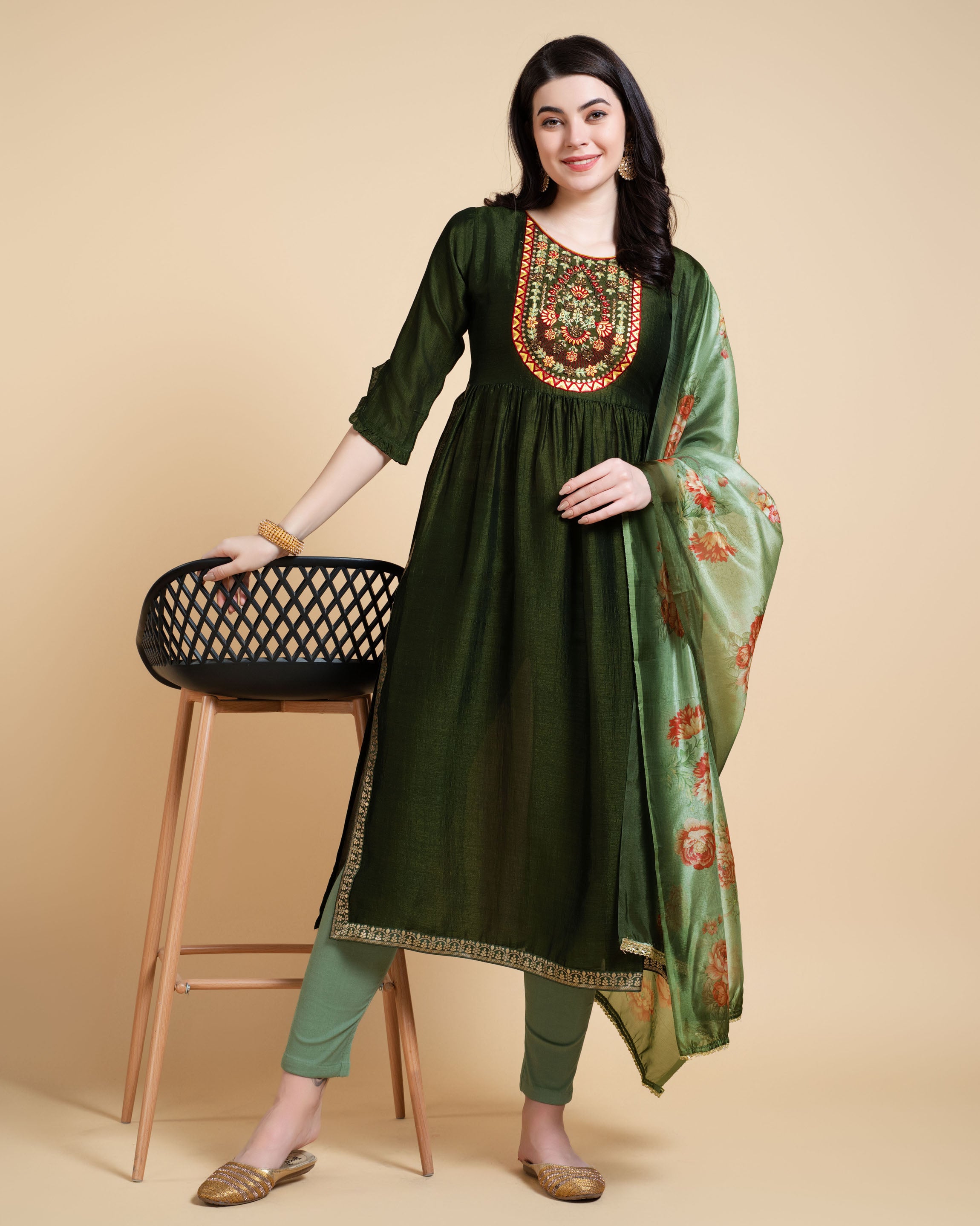 Her Couture Women's Green Vichitra Silk Nyra-cut Beaded Embroidered Kurta With Pant & Dupatta