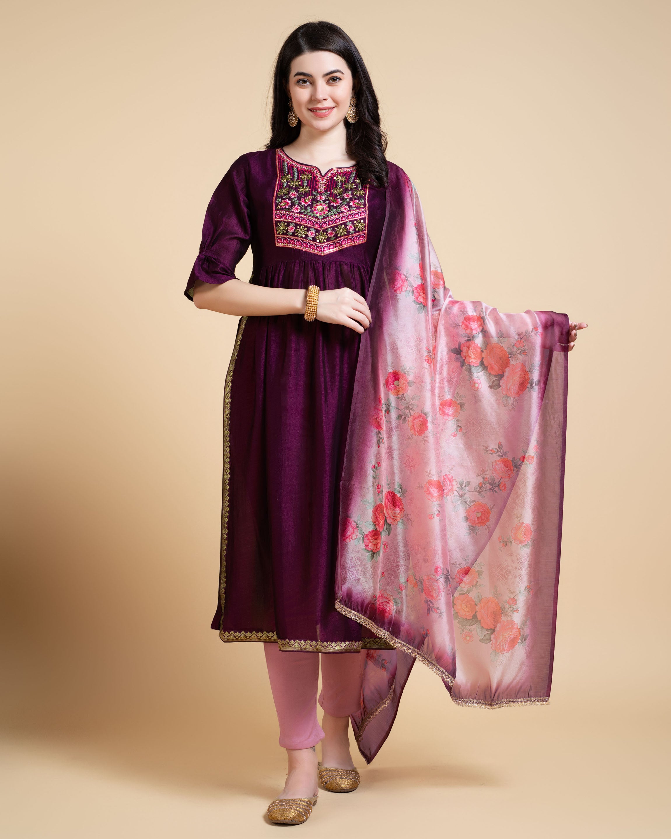Purple Vichitra Silk A-line Festive & Party Kurta Set by Her Couture