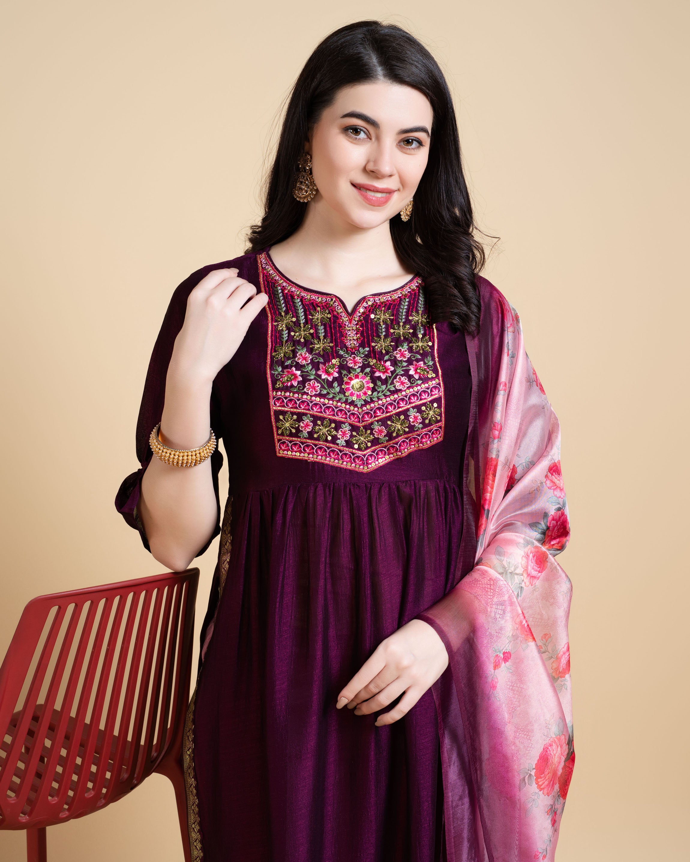 Her Couture Women's Purple Vichitra Silk Nyra-cut Beaded Embroidered Kurta With Pant & Dupatta