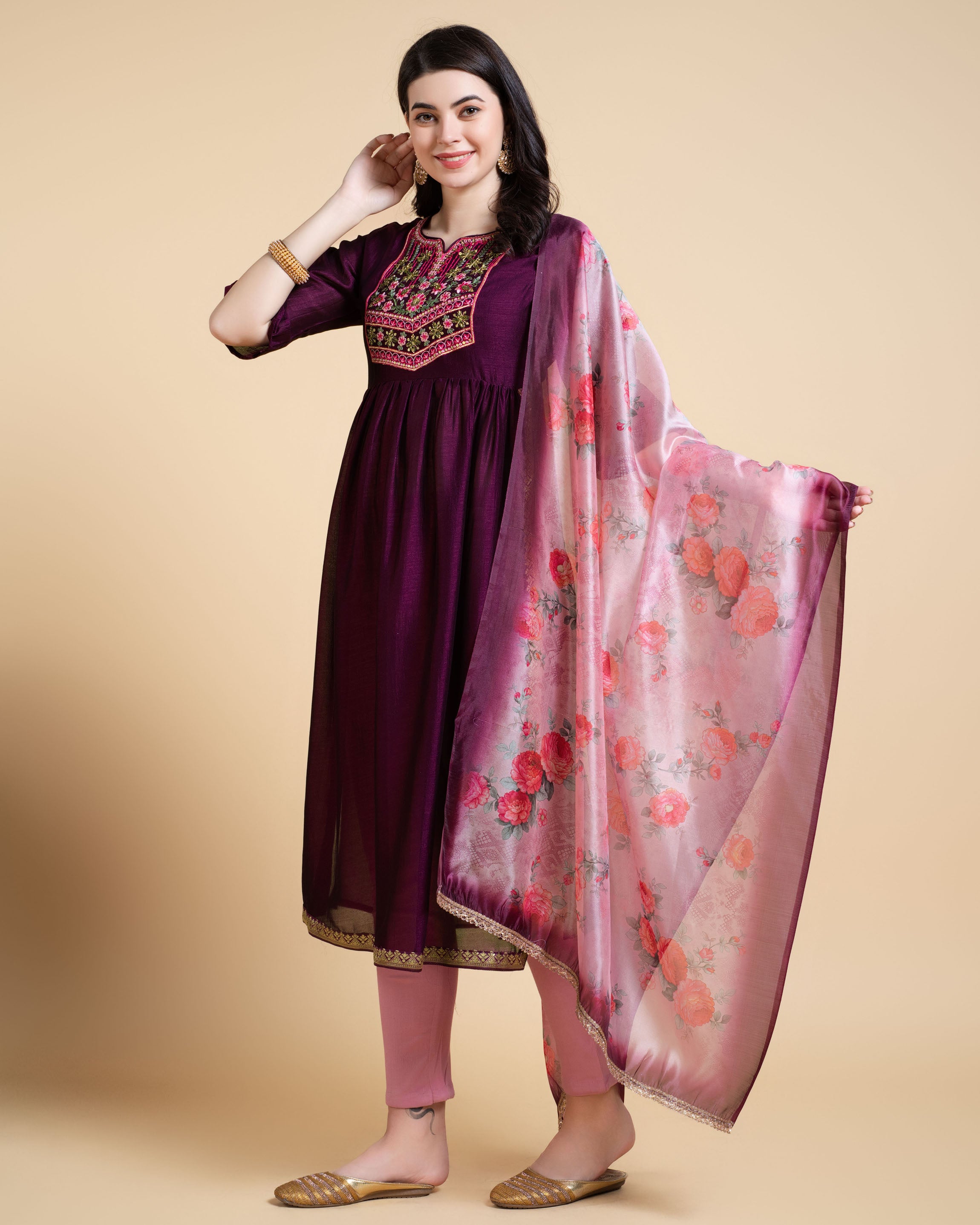 Her Couture Women's Purple Vichitra Silk Nyra-cut Beaded Embroidered Kurta With Pant & Dupatta