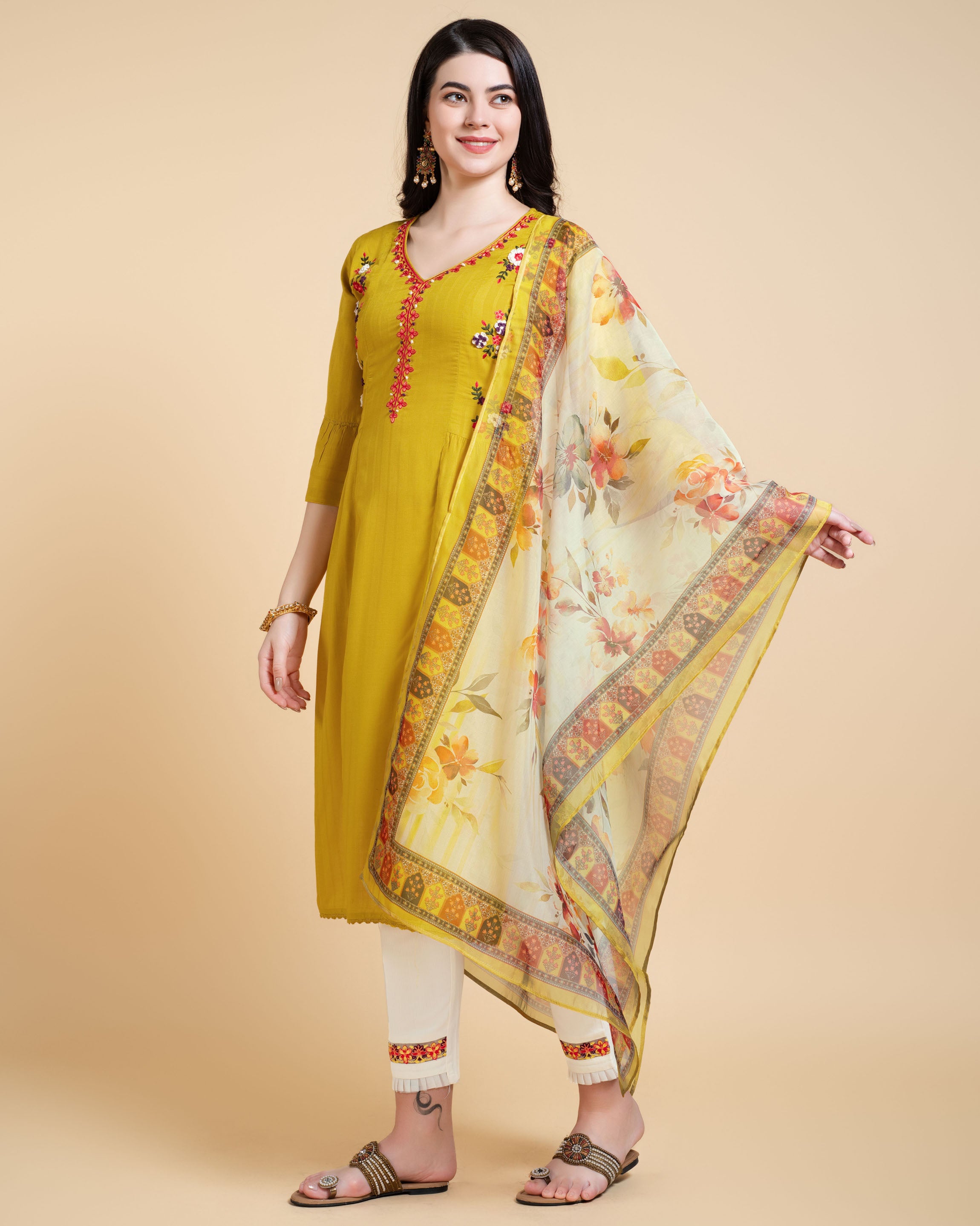 Her Couture Women's Mustard Rayon Floral Embroidered Kantha Work Kurta With Pant & Dupatta