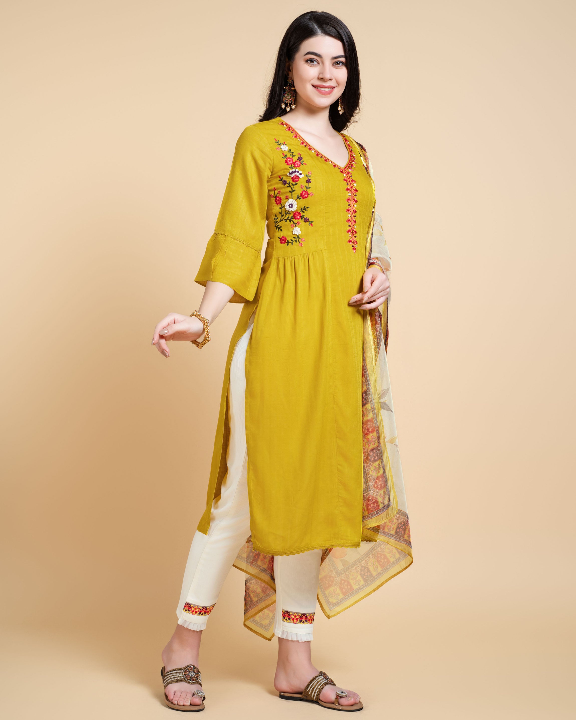 Her Couture Women's Mustard Rayon Floral Embroidered Kantha Work Kurta With Pant & Dupatta