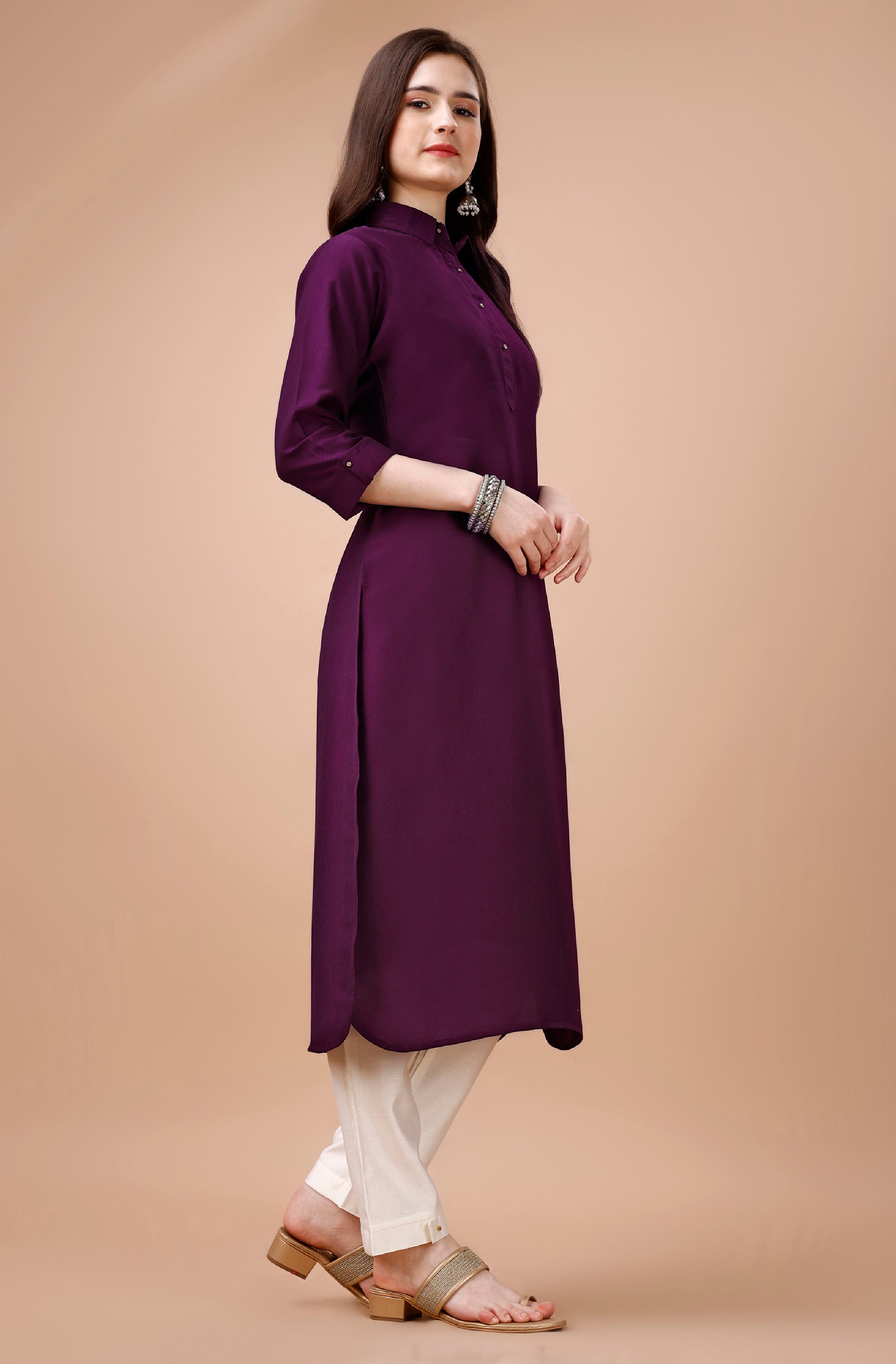 Her Couture Women's Purple Chinon Silk Solid Calf Length Straight Pathani Kurta