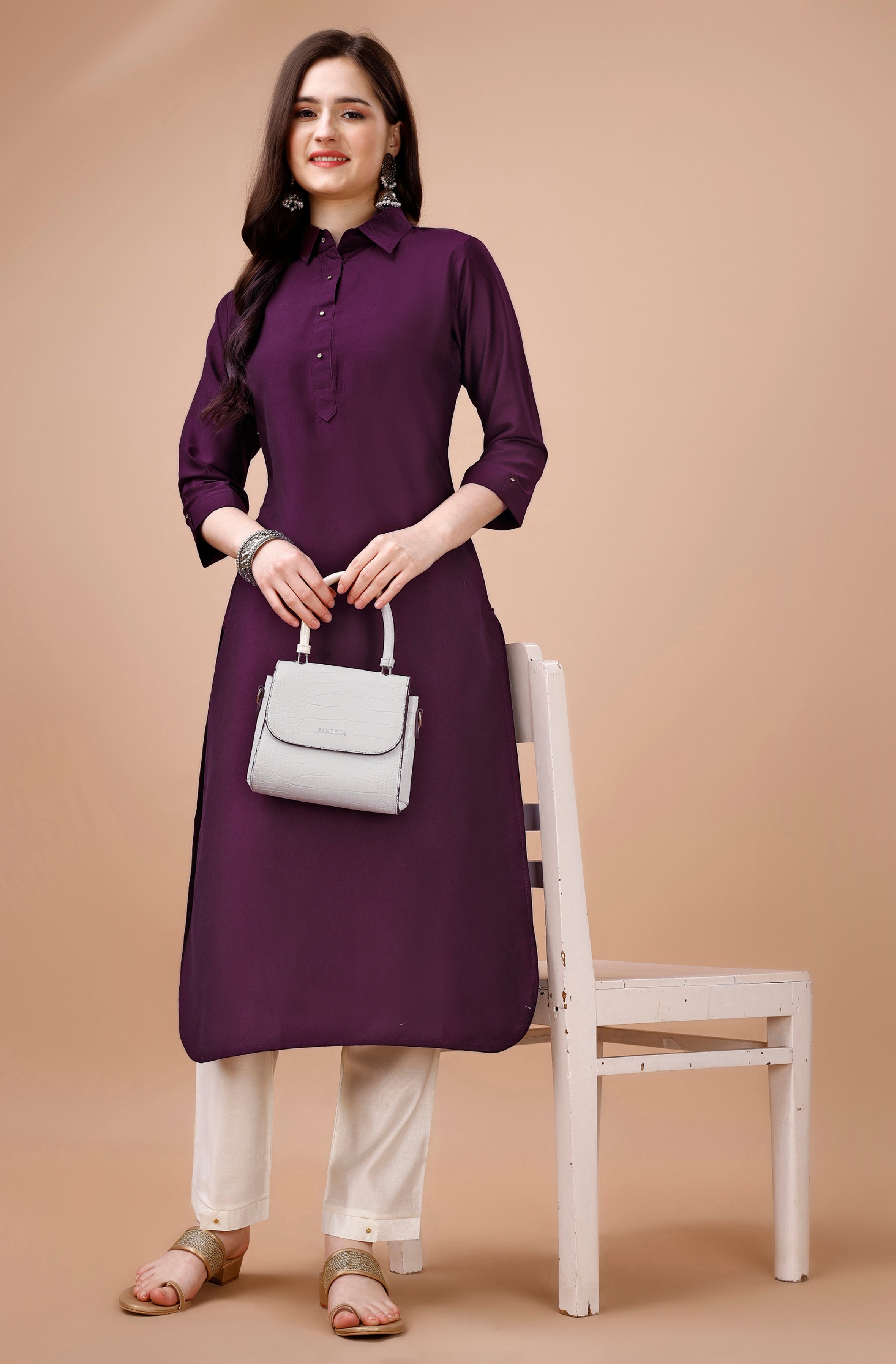 Her Couture Women's Purple Chinon Silk Solid Calf Length Straight Pathani Kurta