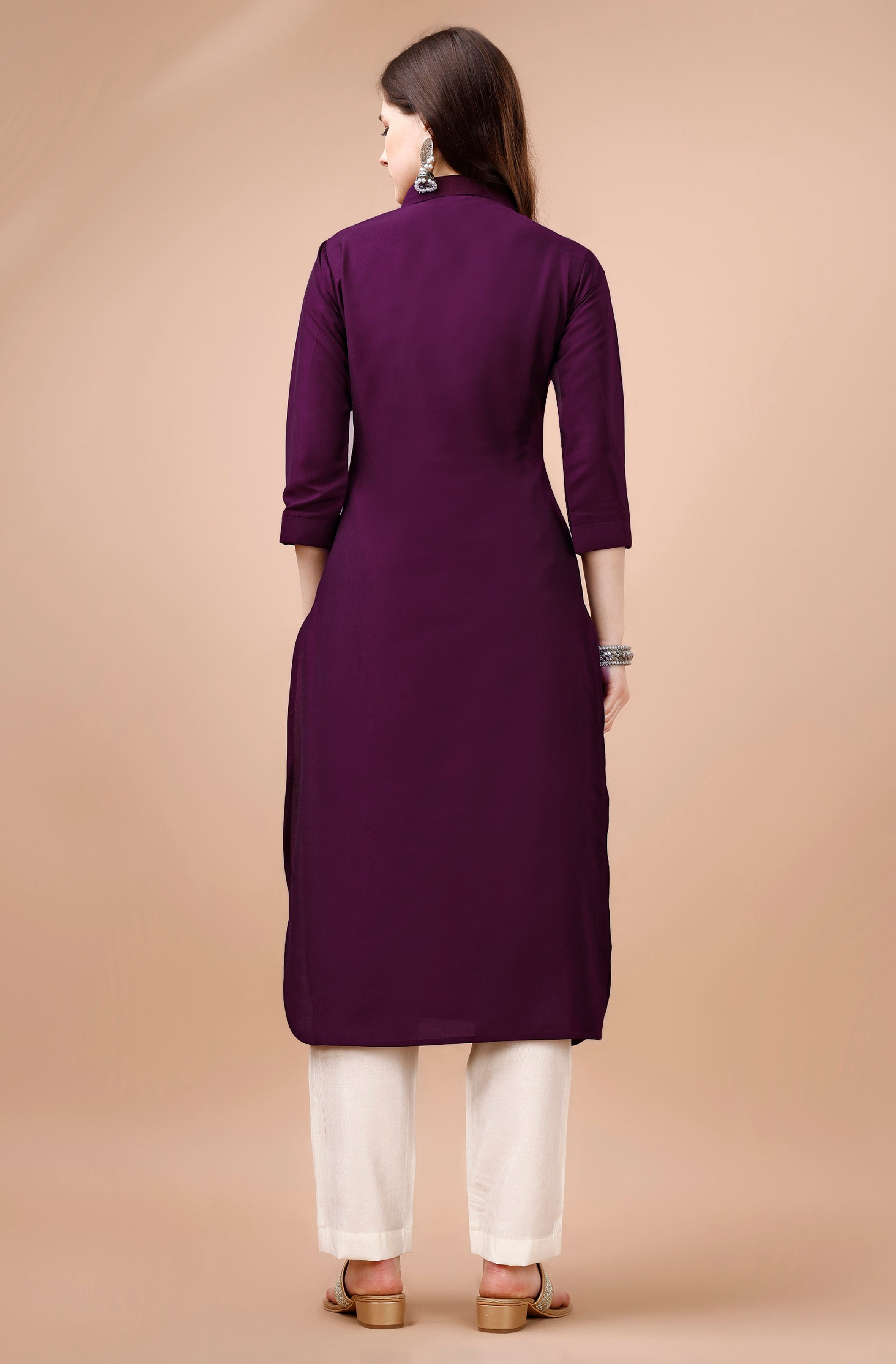 Her Couture Women's Purple Chinon Silk Solid Calf Length Straight Pathani Kurta