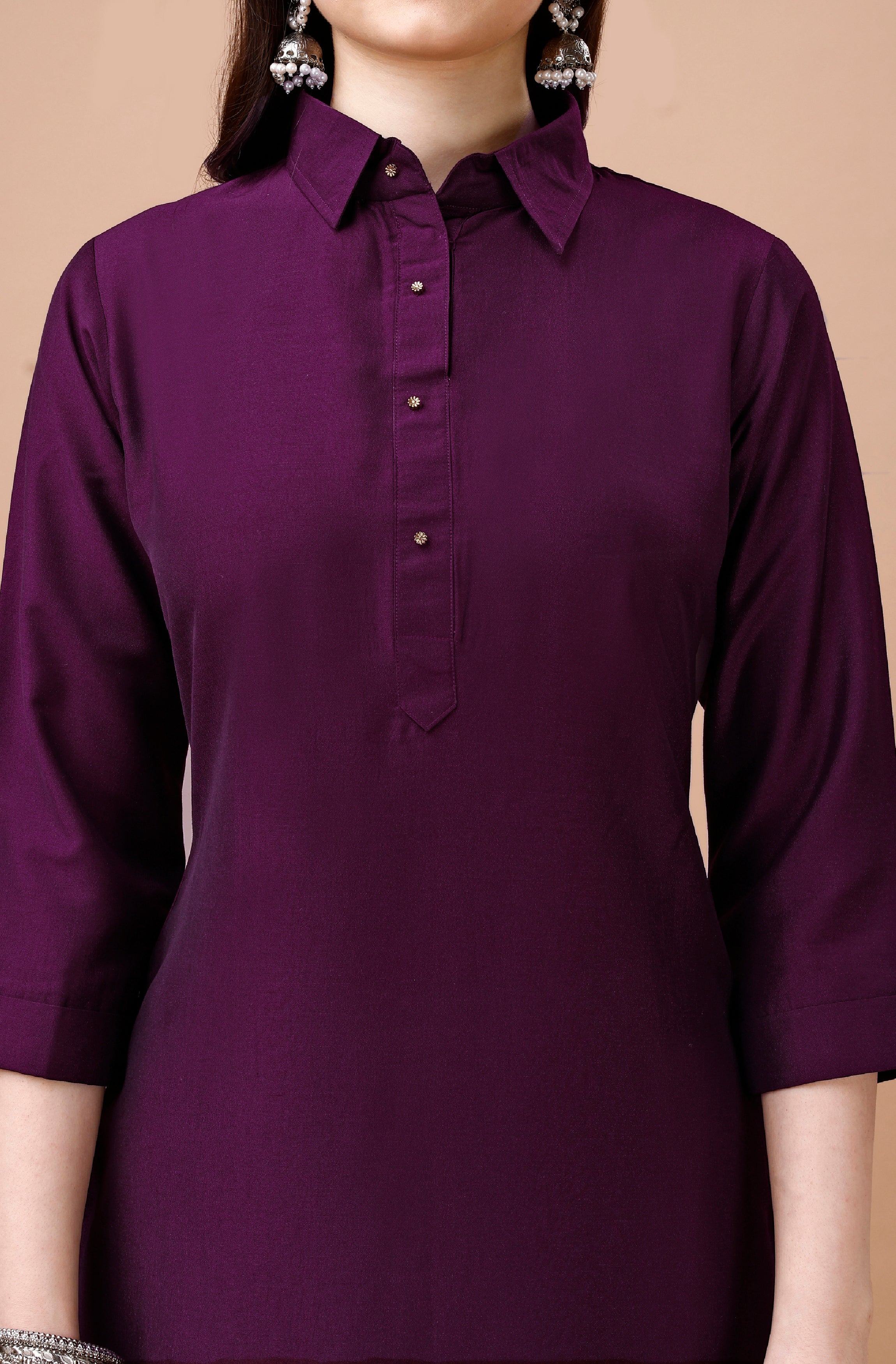 Her Couture Women's Purple Chinon Silk Solid Calf Length Straight Pathani Kurta