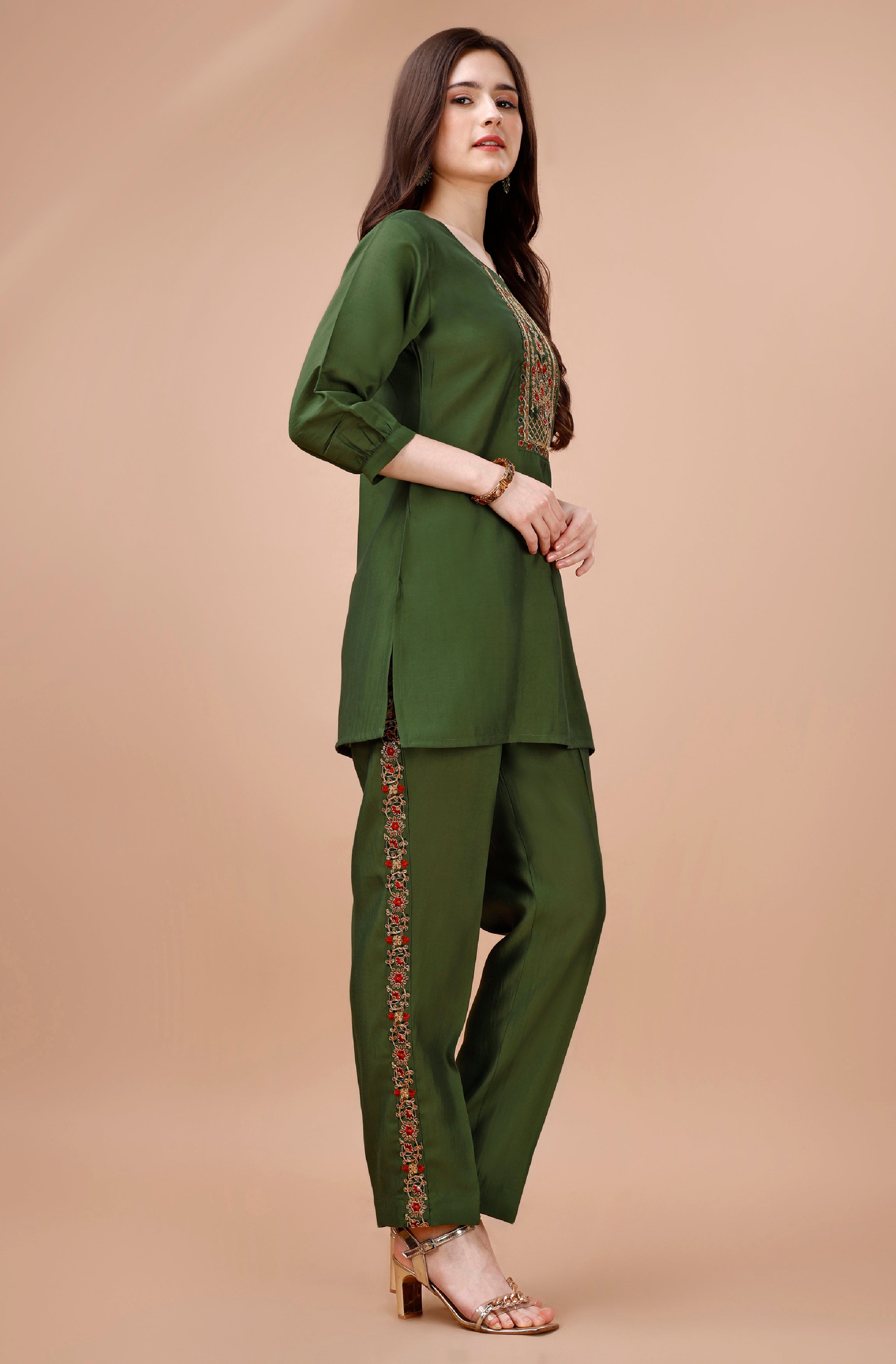 Her Couture Women's Olive Green Viscose Blend Floral Embroidered Festive & Party Co-ord Set