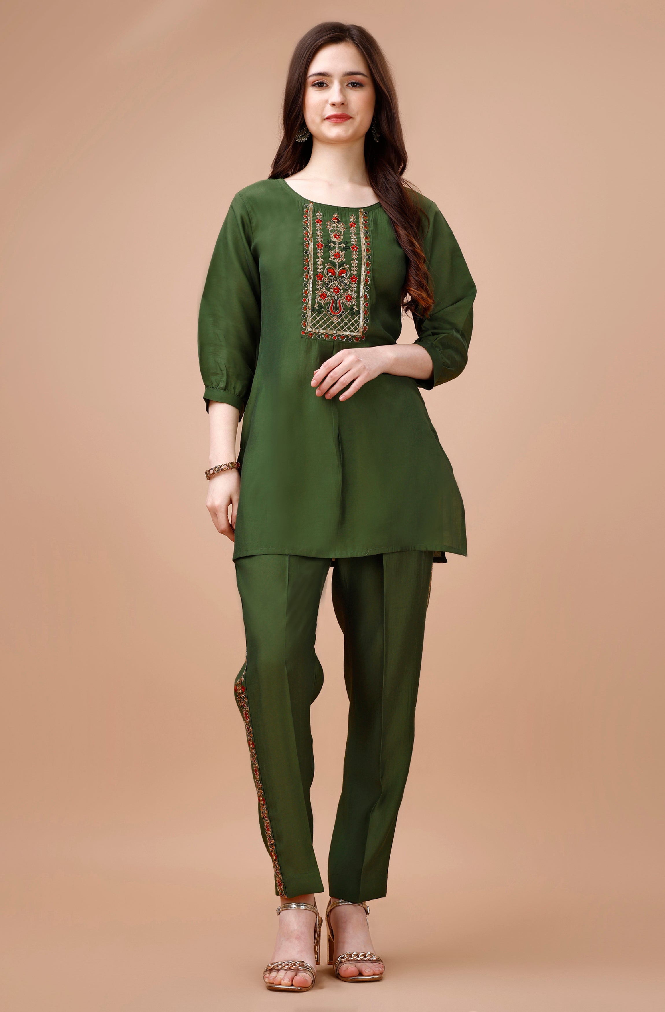 Olive Green Viscose Blend Festive & Party Co-ord Set By Her Couture