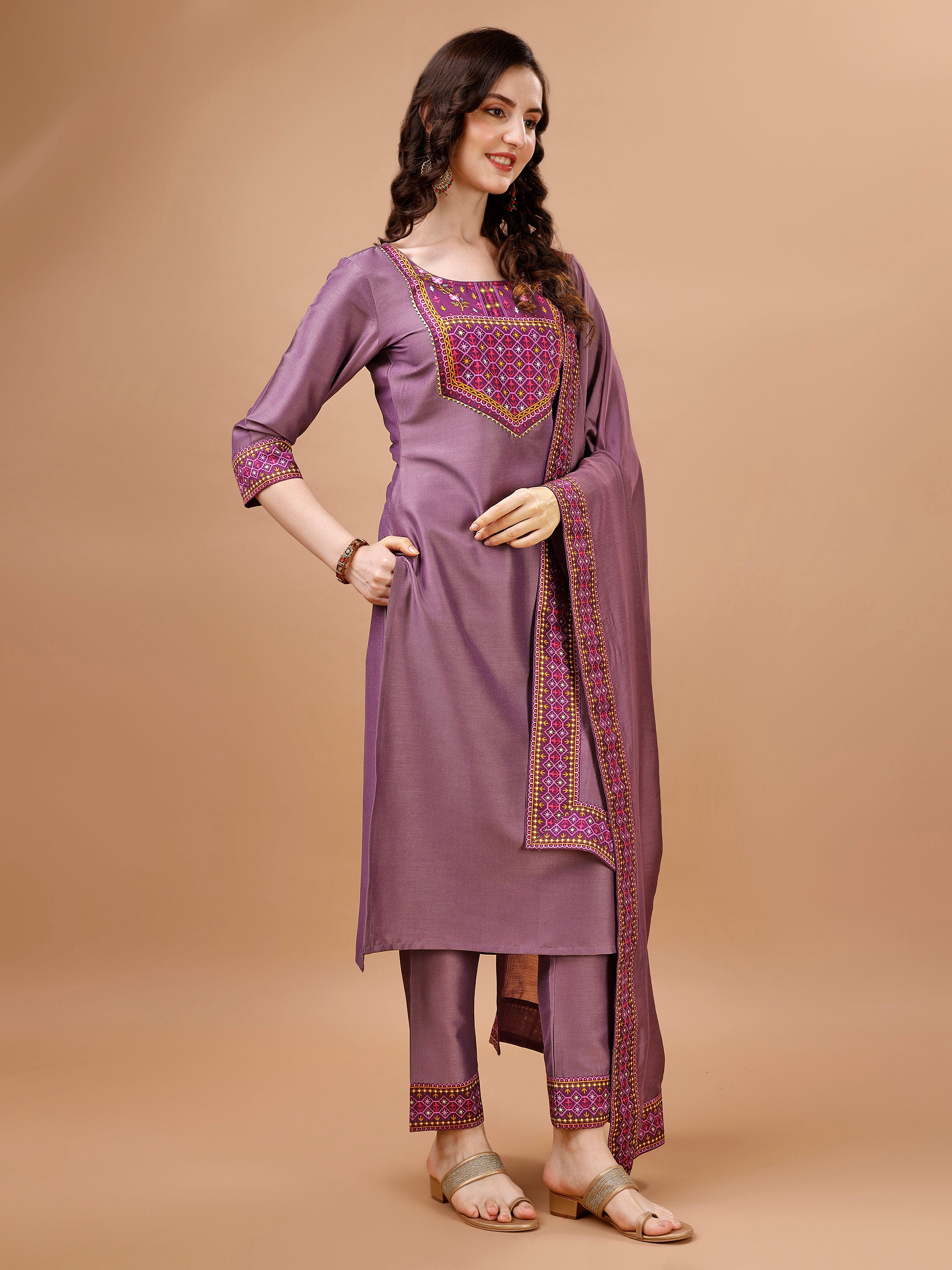 Her Couture Women's Mauve Chinon Silk Gota Patti Abstract Print Kurta With Pant & Dupatta