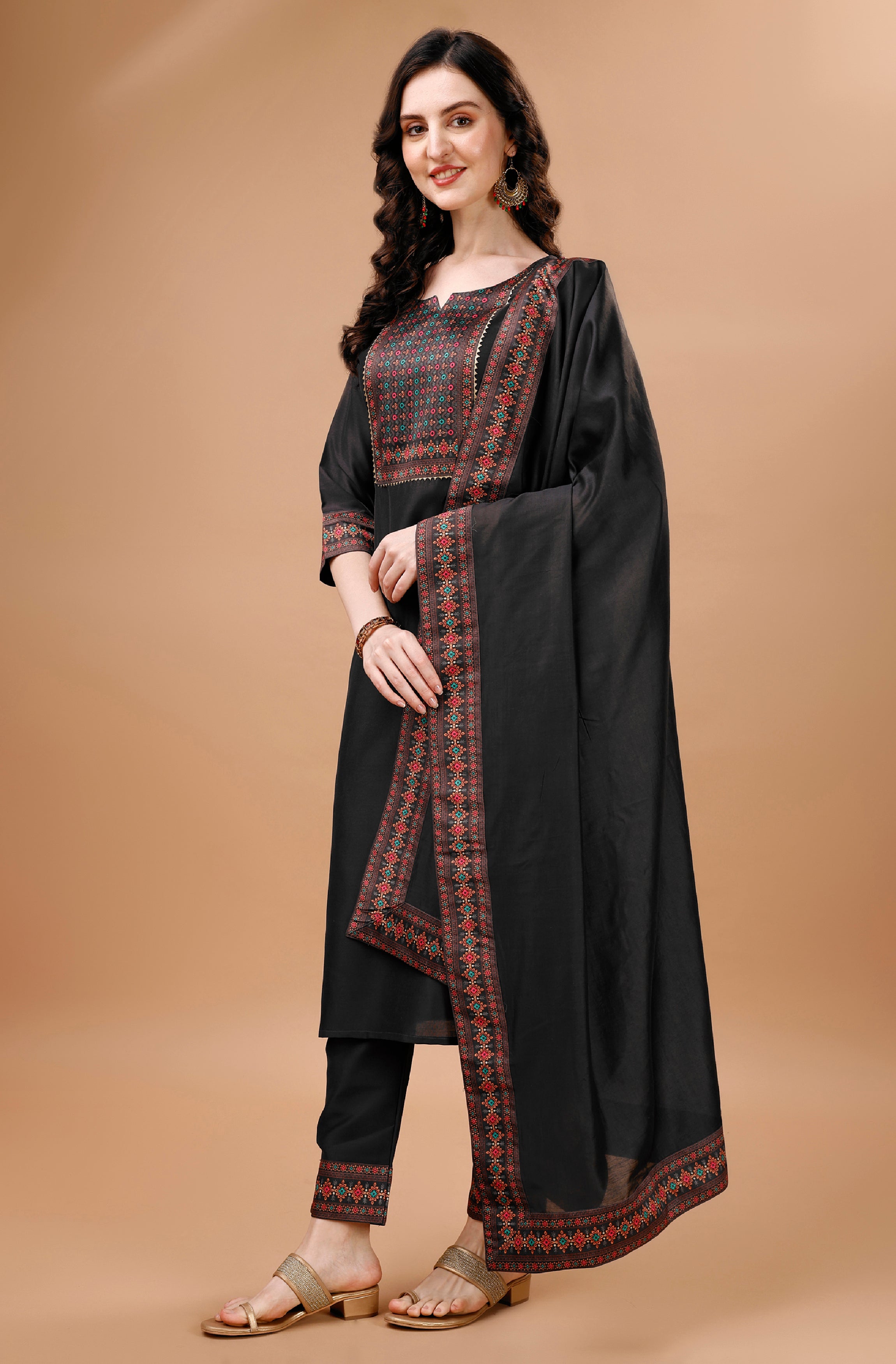 Her Couture Women's Taupe Chinon Silk Gota Patti Ethnic Motifs Kurta With Pant & Dupatta