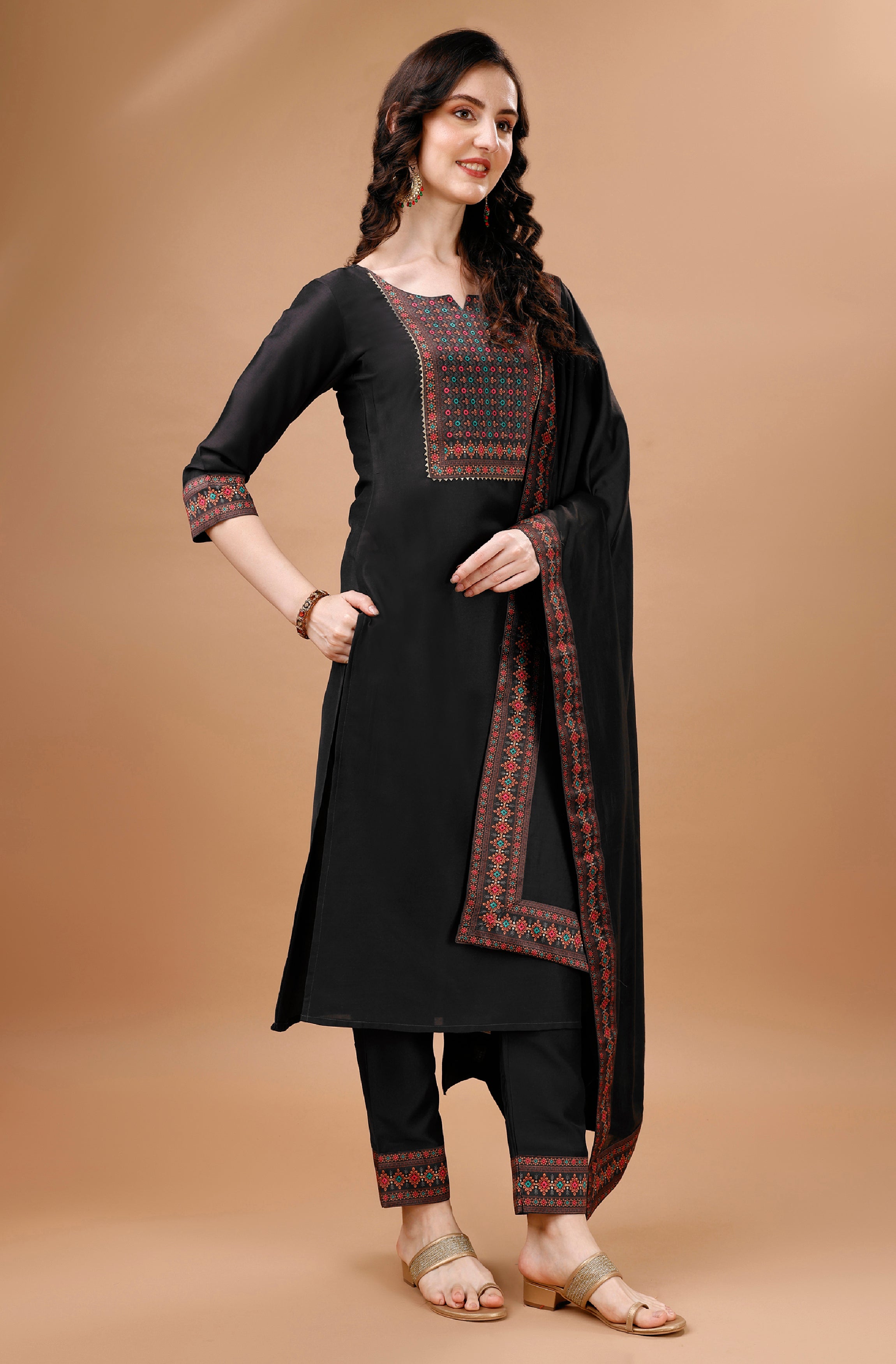 Her Couture Women's Taupe Chinon Silk Gota Patti Ethnic Motifs Kurta With Pant & Dupatta