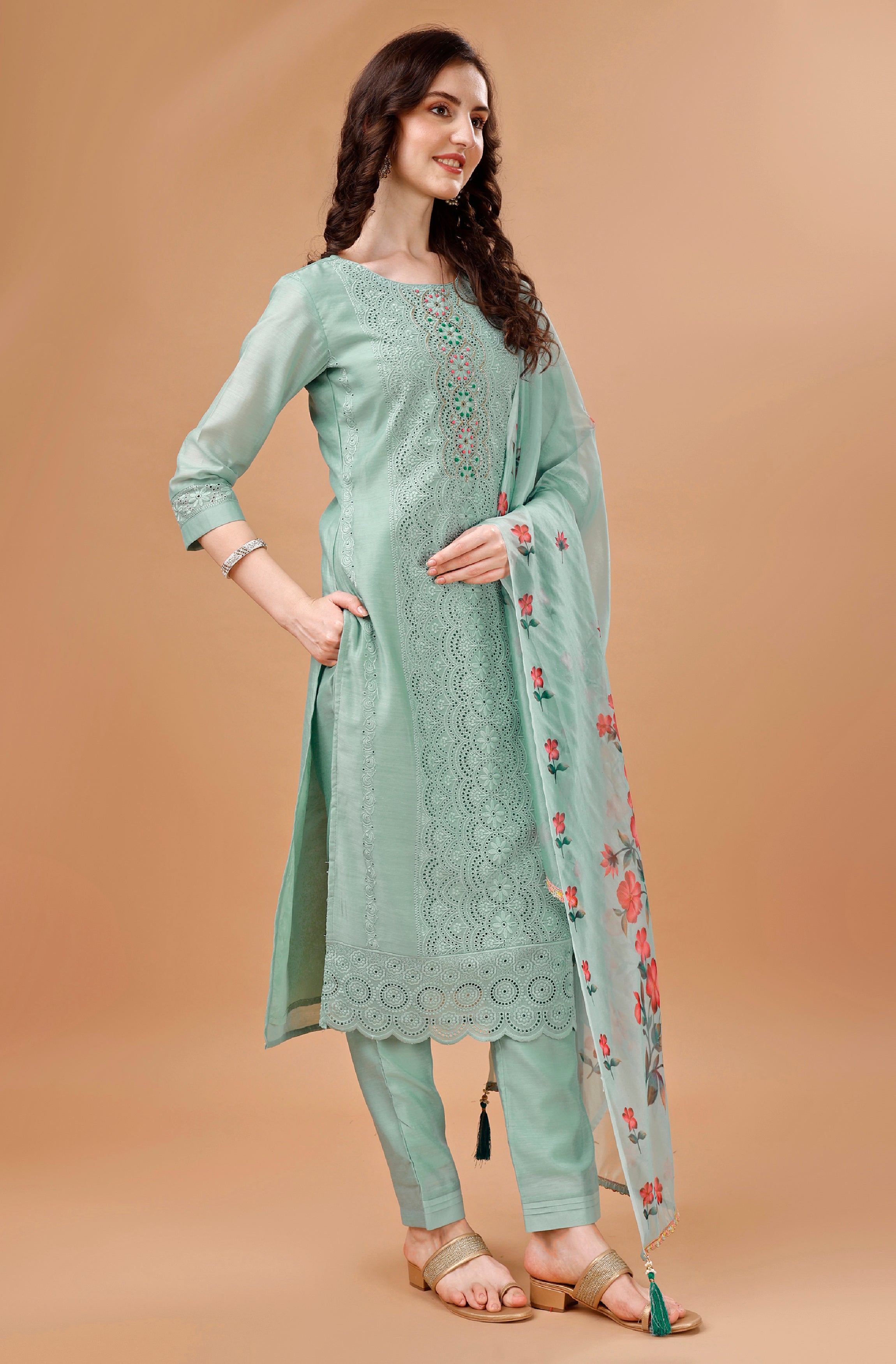 Her Couture Women's Sea Green Chanderi Silk Bored Schiffli Embroidered Chikankari Kurta With Pant & Dupatta