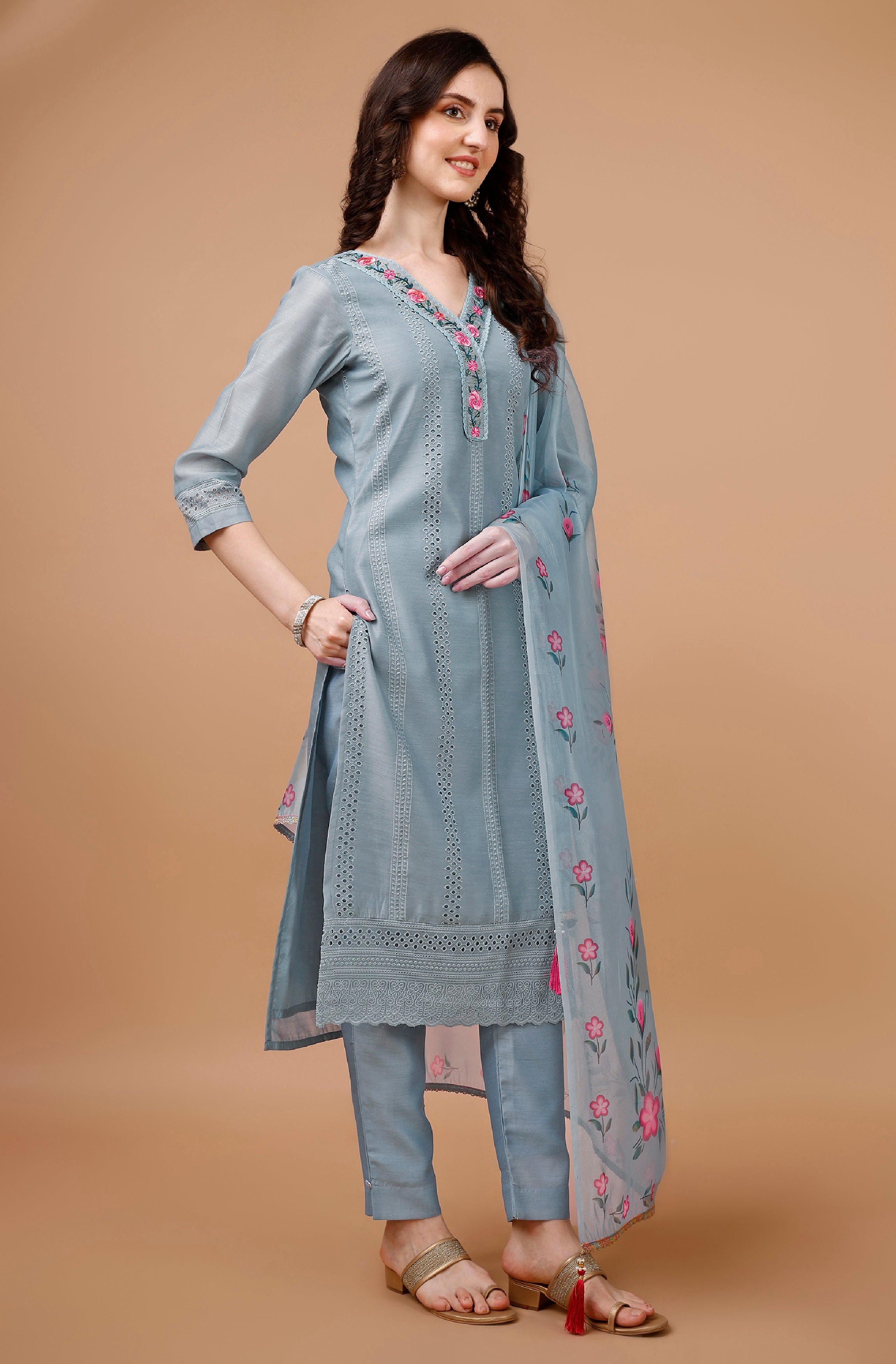 Her Couture Women's Sky Blue Chanderi Silk Bored Schiffli Embroidered Chikankari Kurta With Pant & Dupatta