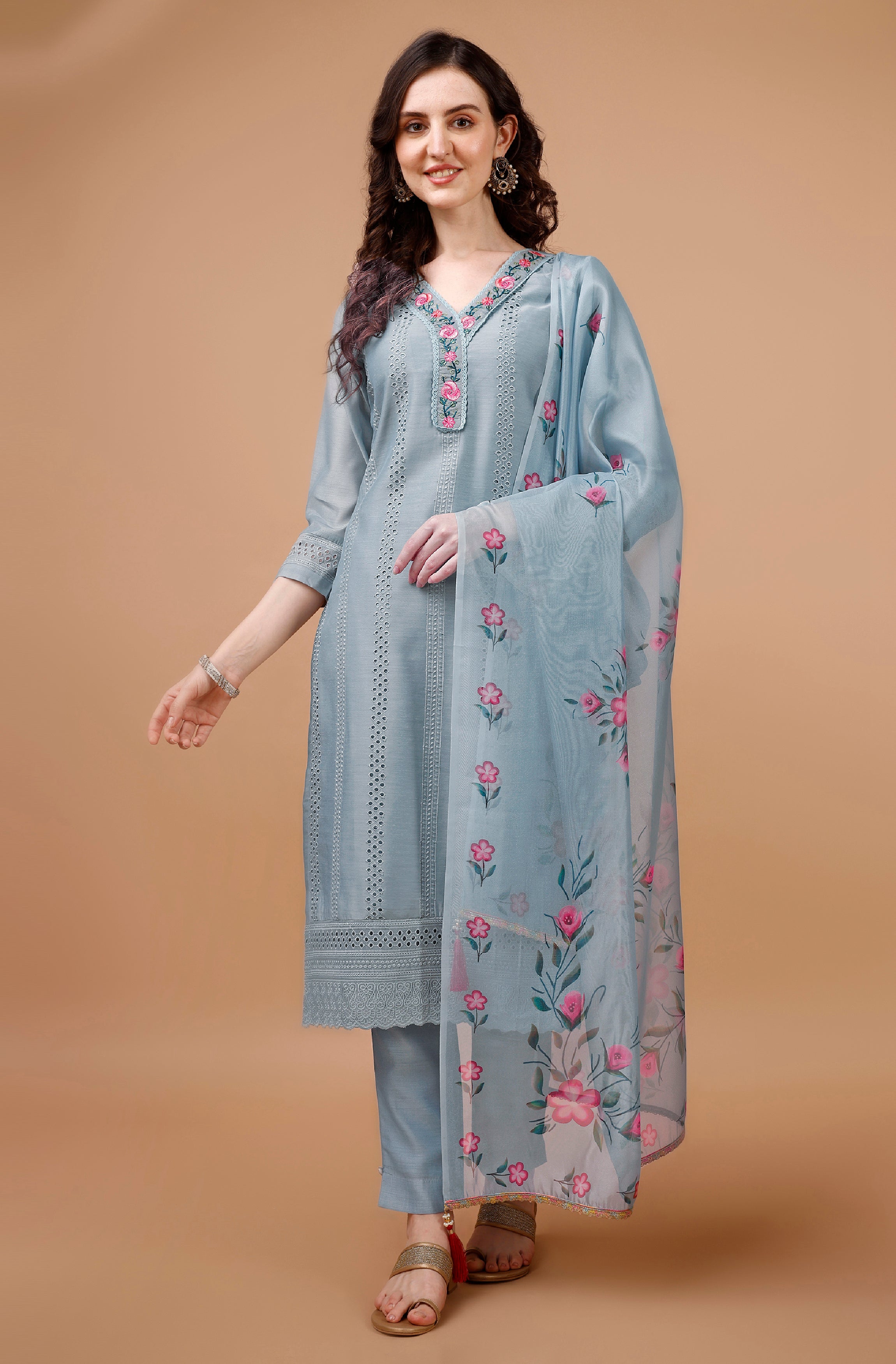 Sky Blue Chanderi Silk Straight Festive & Party Kurta Set by Her Couture