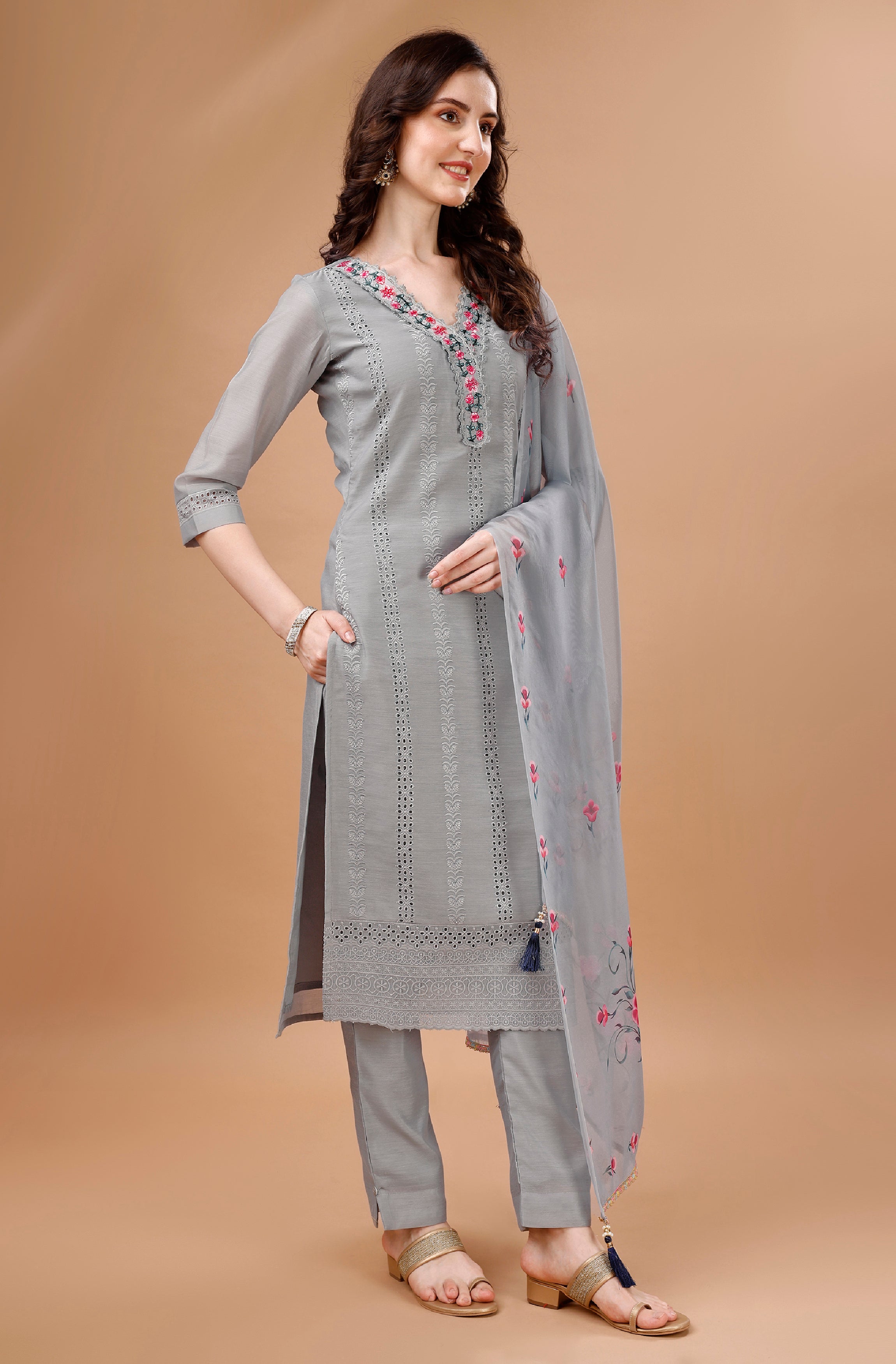 Her Couture Women's Grey Chanderi Silk Bored Schiffli Embroidered Chikankari Kurta With Pant & Dupatta