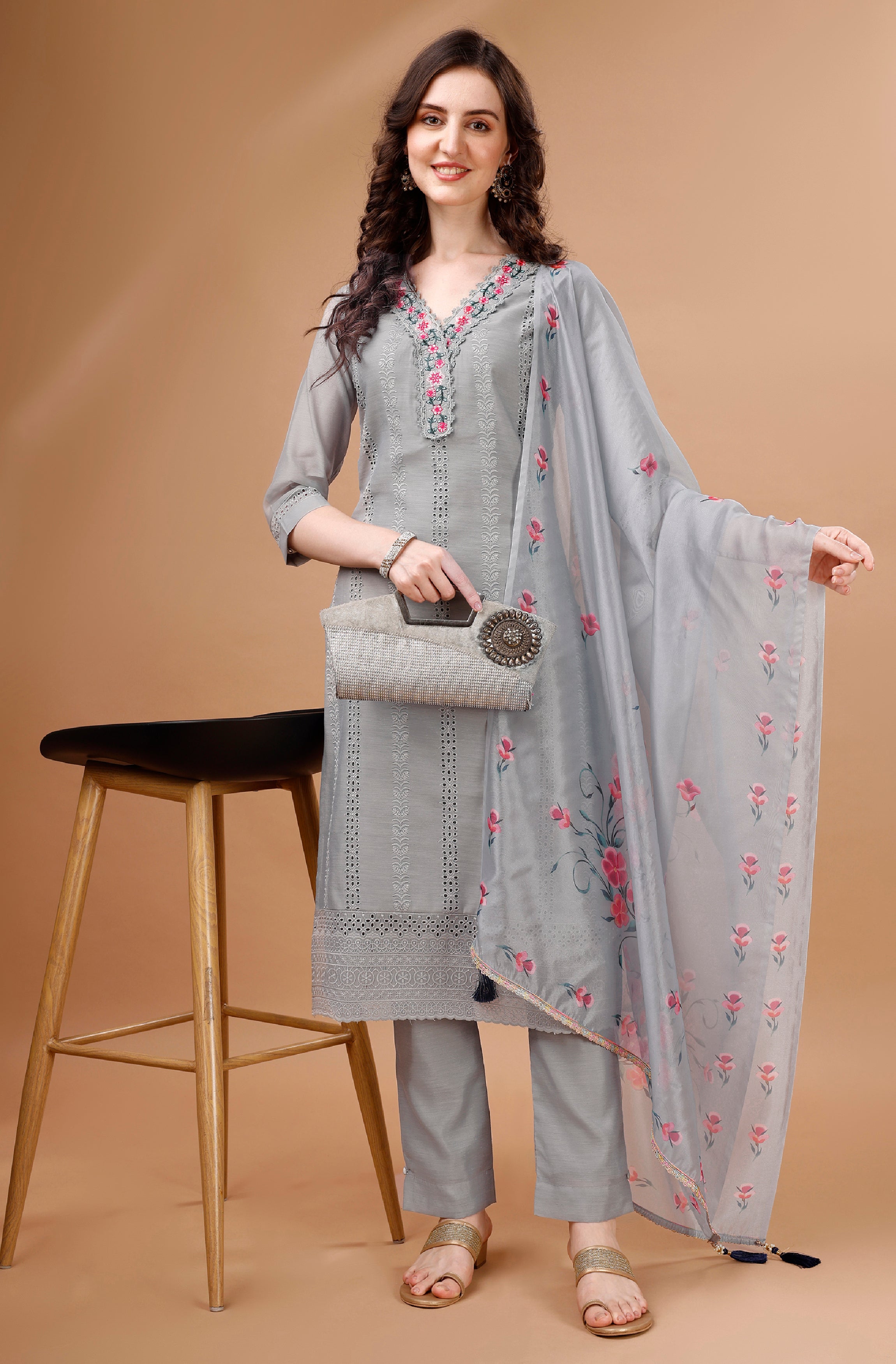 Her Couture Women's Grey Chanderi Silk Bored Schiffli Embroidered Chikankari Kurta With Pant & Dupatta