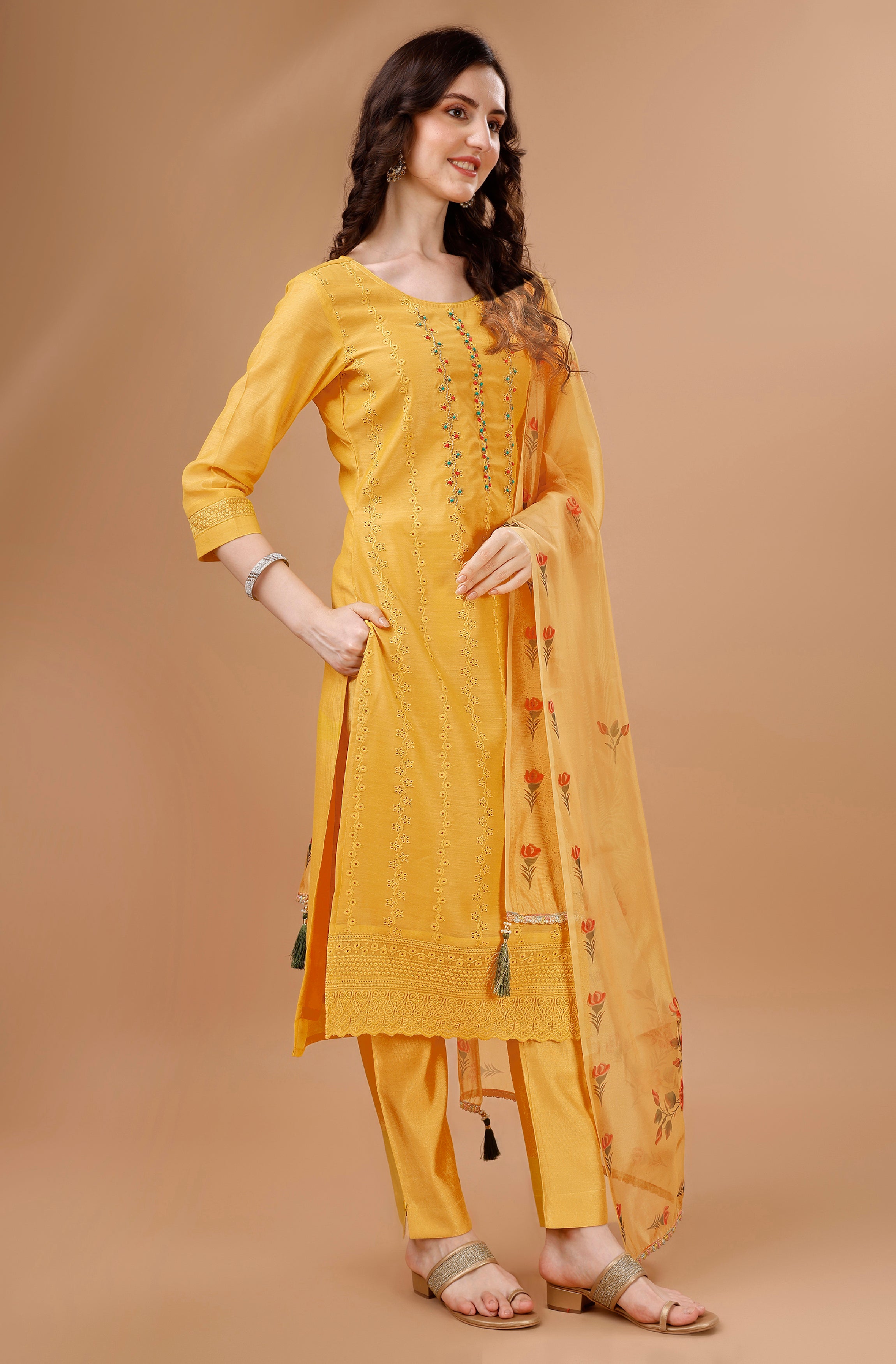 Her Couture Women's Gold Chanderi Silk Bored Schiffli Embroidered Chikankari Kurta With Pant & Dupatta