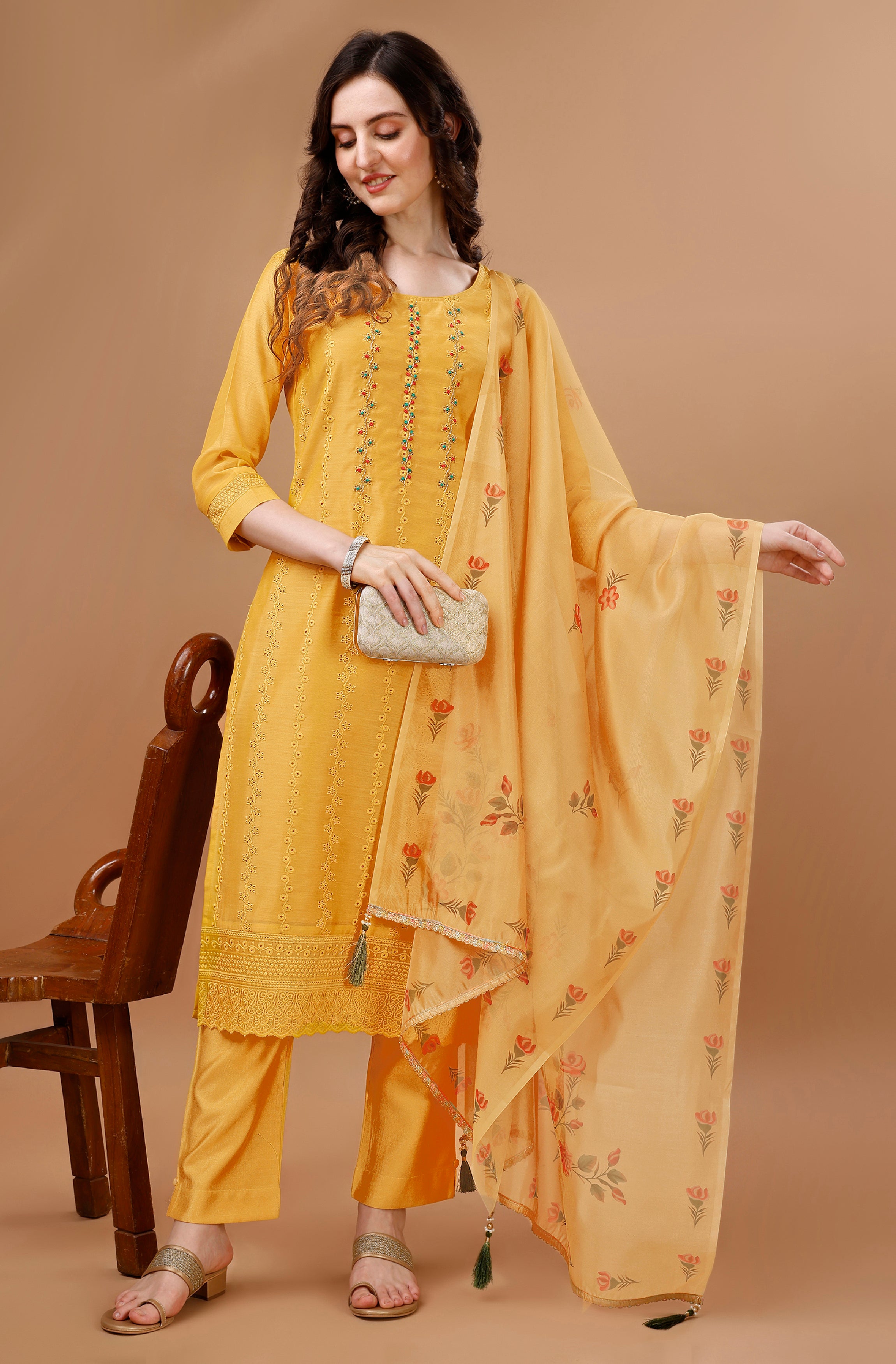 Her Couture Women's Gold Chanderi Silk Bored Schiffli Embroidered Chikankari Kurta With Pant & Dupatta