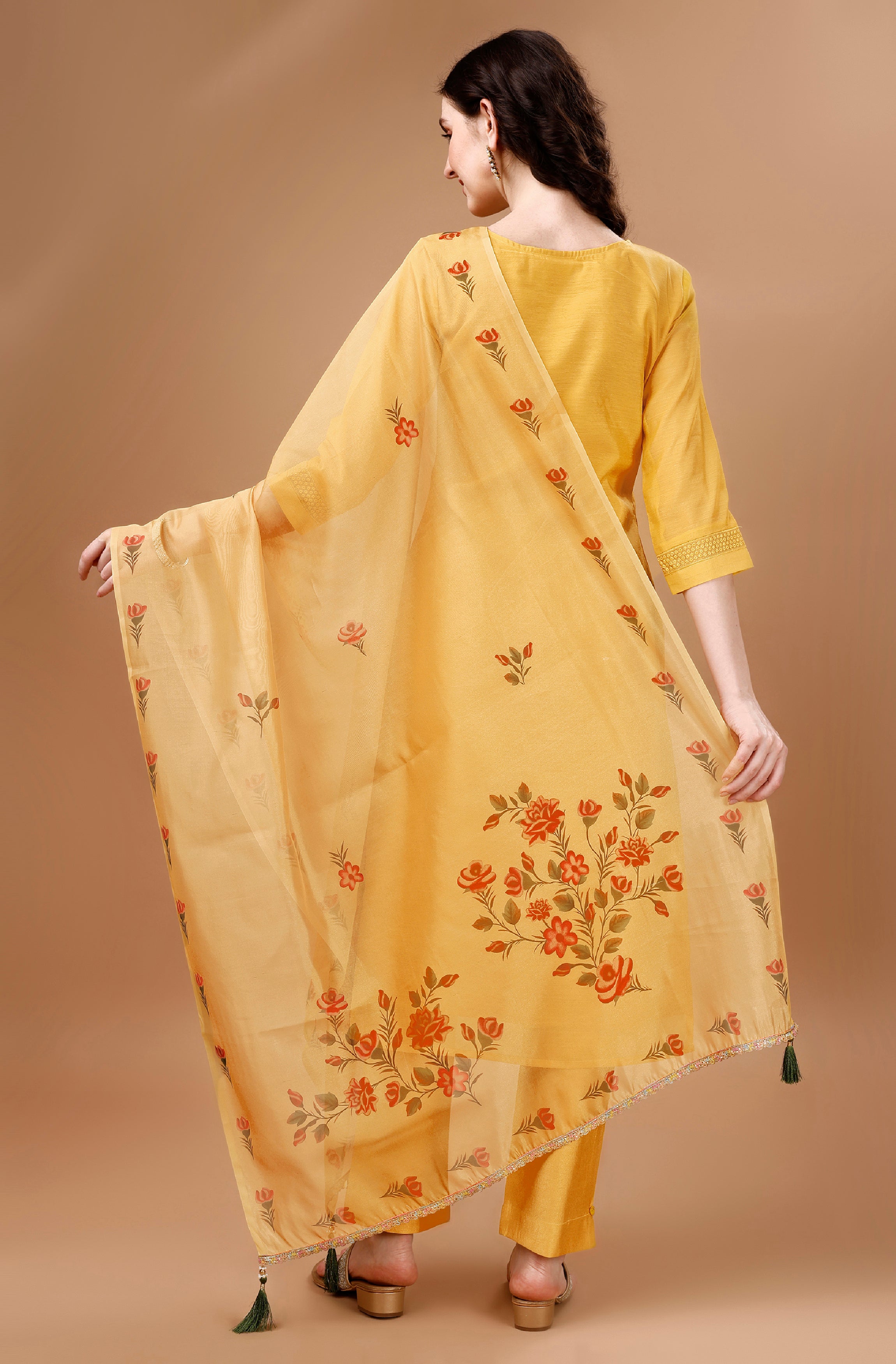 Her Couture Women's Gold Chanderi Silk Bored Schiffli Embroidered Chikankari Kurta With Pant & Dupatta