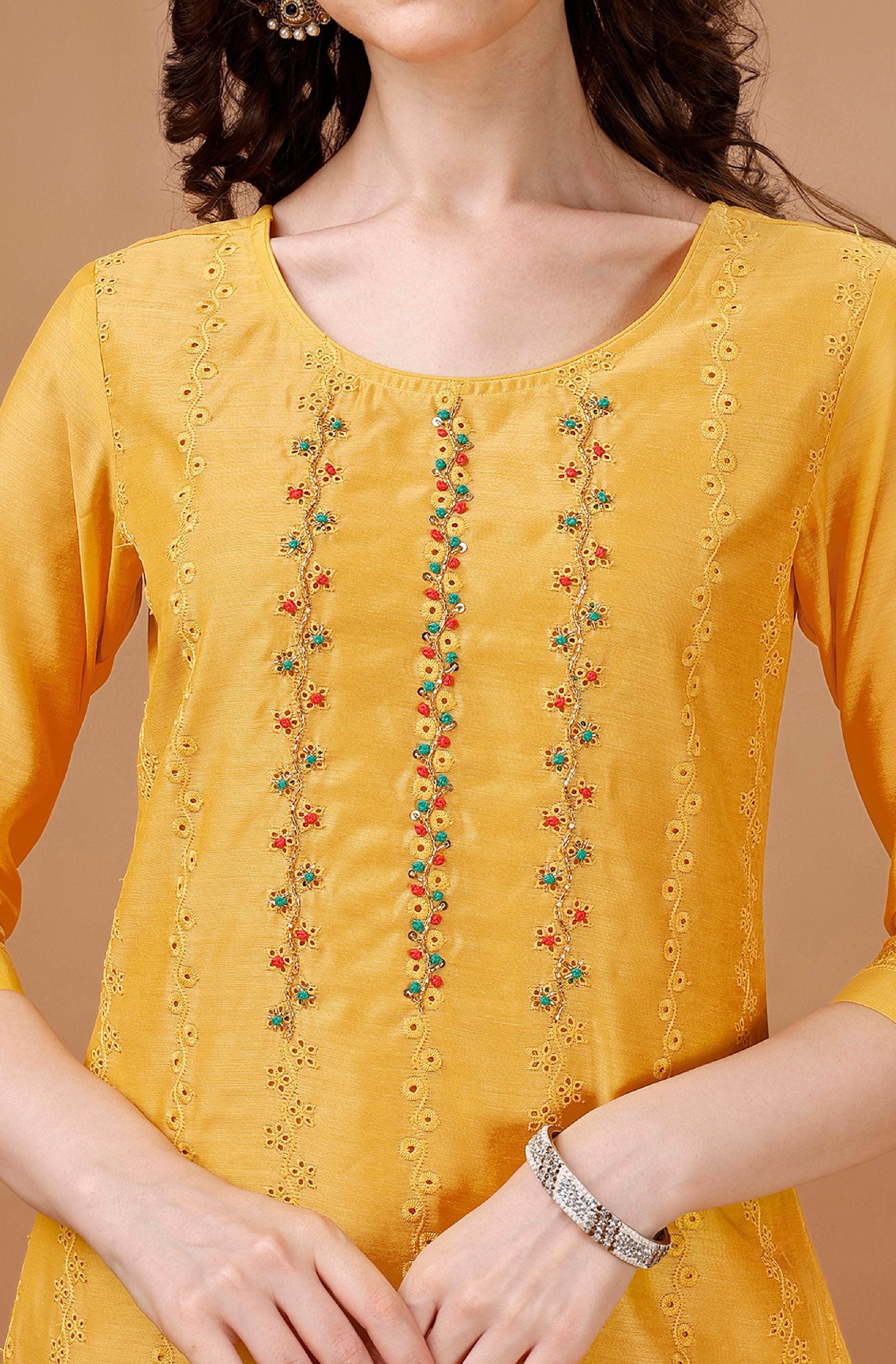 Her Couture Women's Gold Chanderi Silk Bored Schiffli Embroidered Chikankari Kurta With Pant & Dupatta