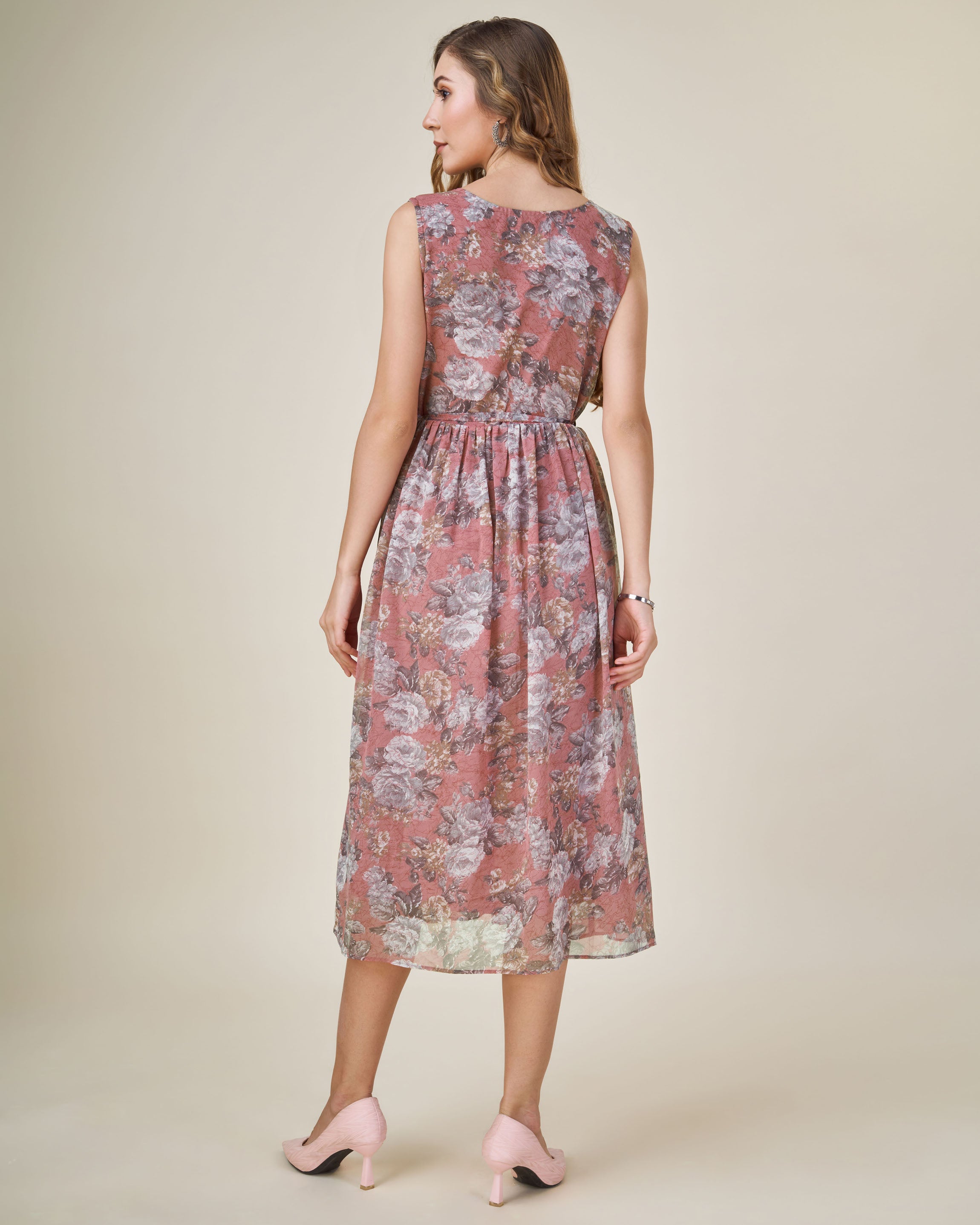 Her Couture Women's Brown Georgette Abstract Printed Gathered Dress With Belt