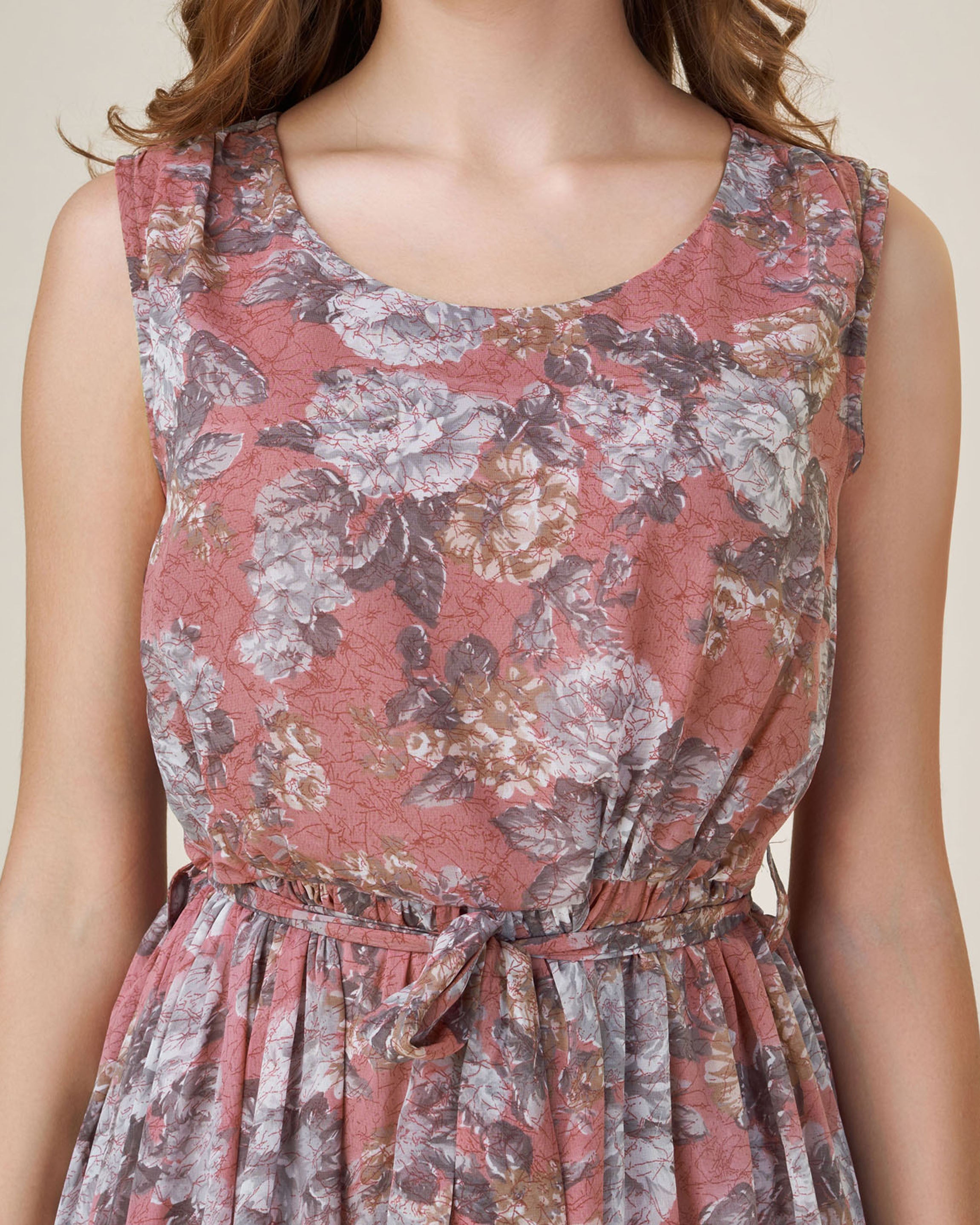 Her Couture Women's Brown Georgette Abstract Printed Gathered Dress With Belt