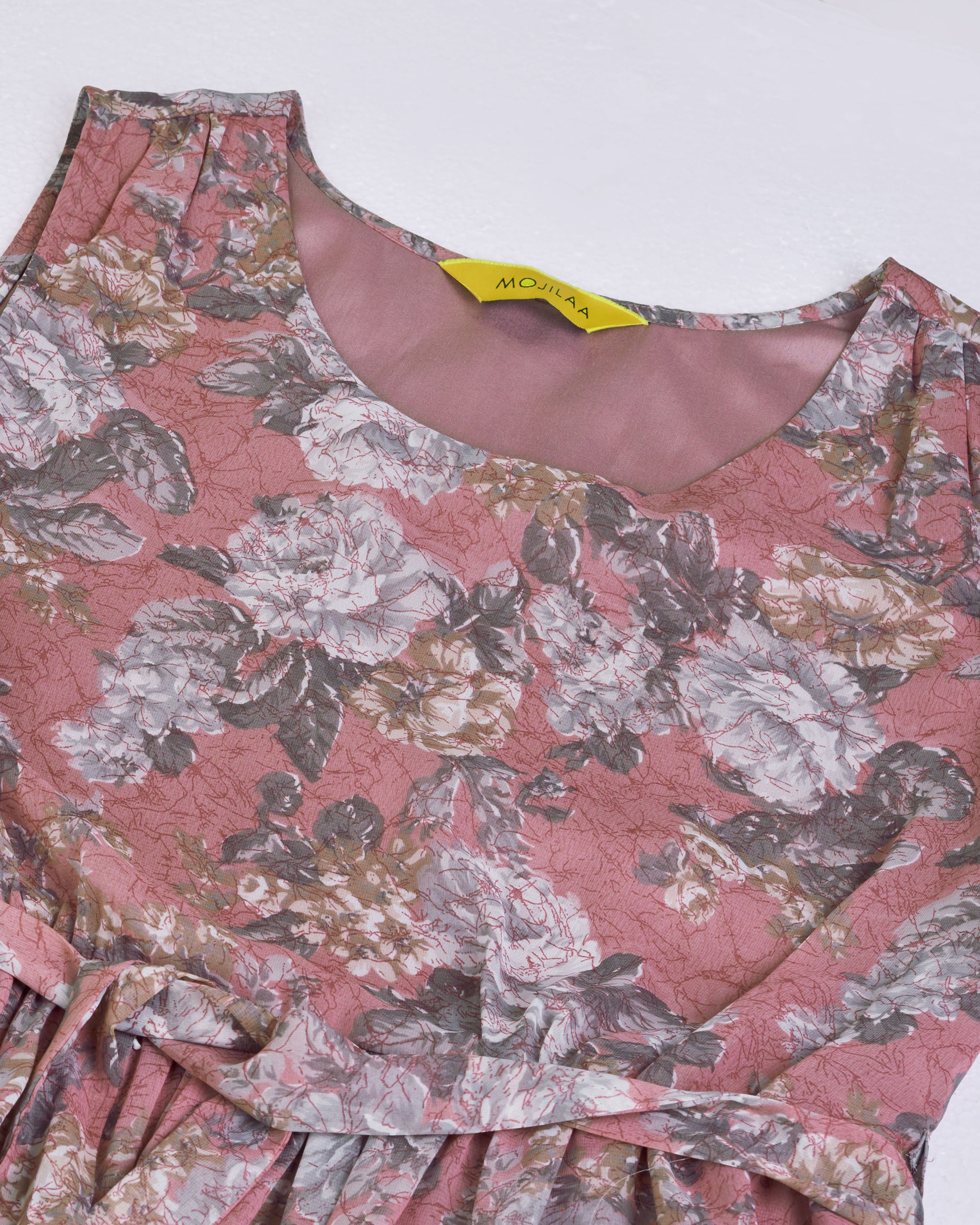 Her Couture Women's Brown Georgette Abstract Printed Gathered Dress With Belt