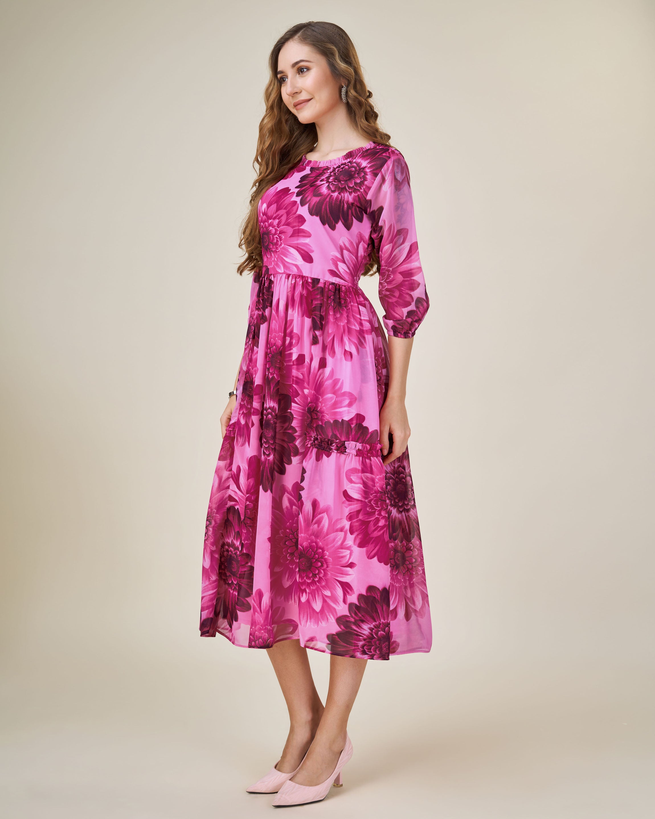 Her Couture Women's Pink Georgette Floral Printed Fit and Flare Dress With Ruffles