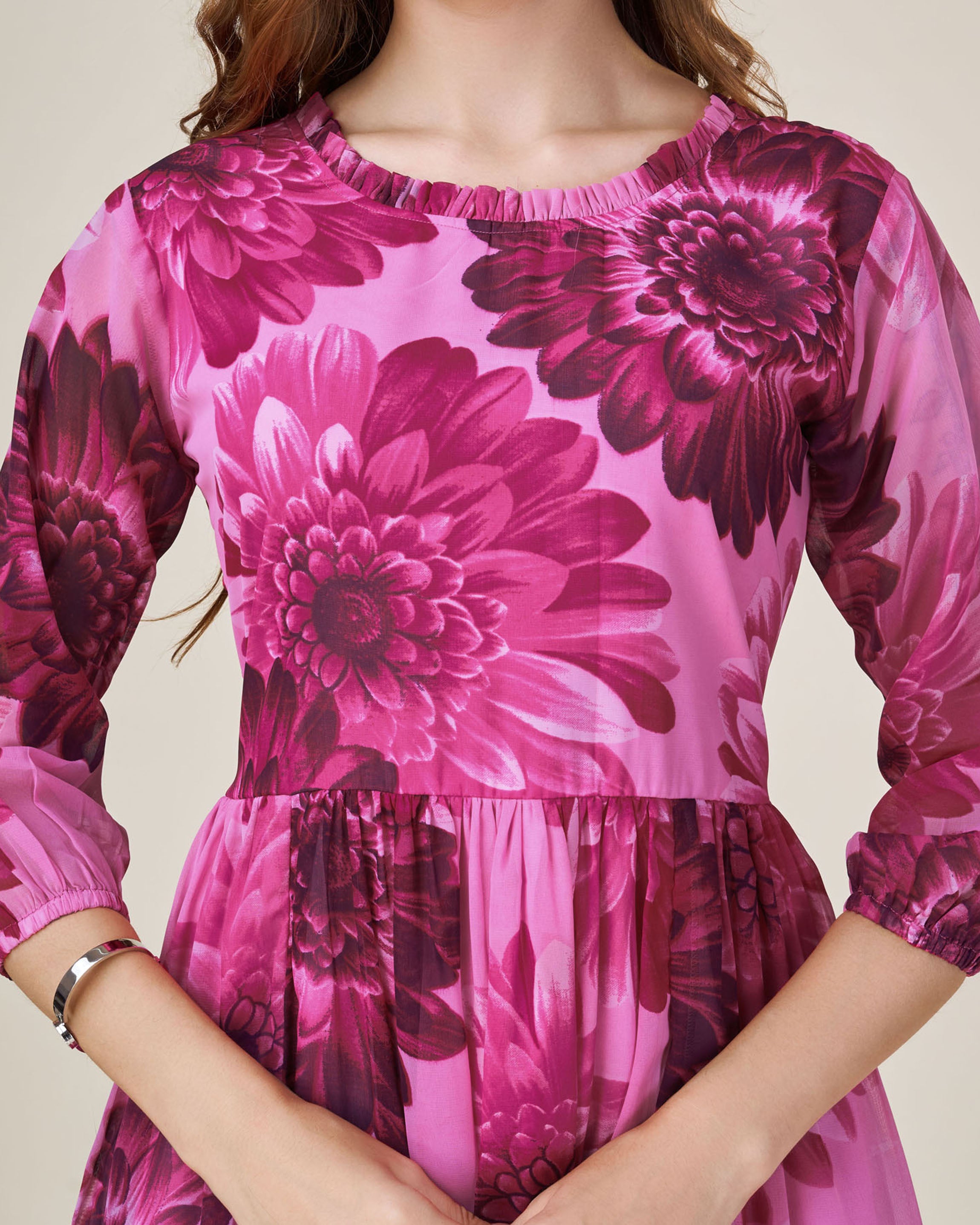 Her Couture Women's Pink Georgette Floral Printed Fit and Flare Dress With Ruffles