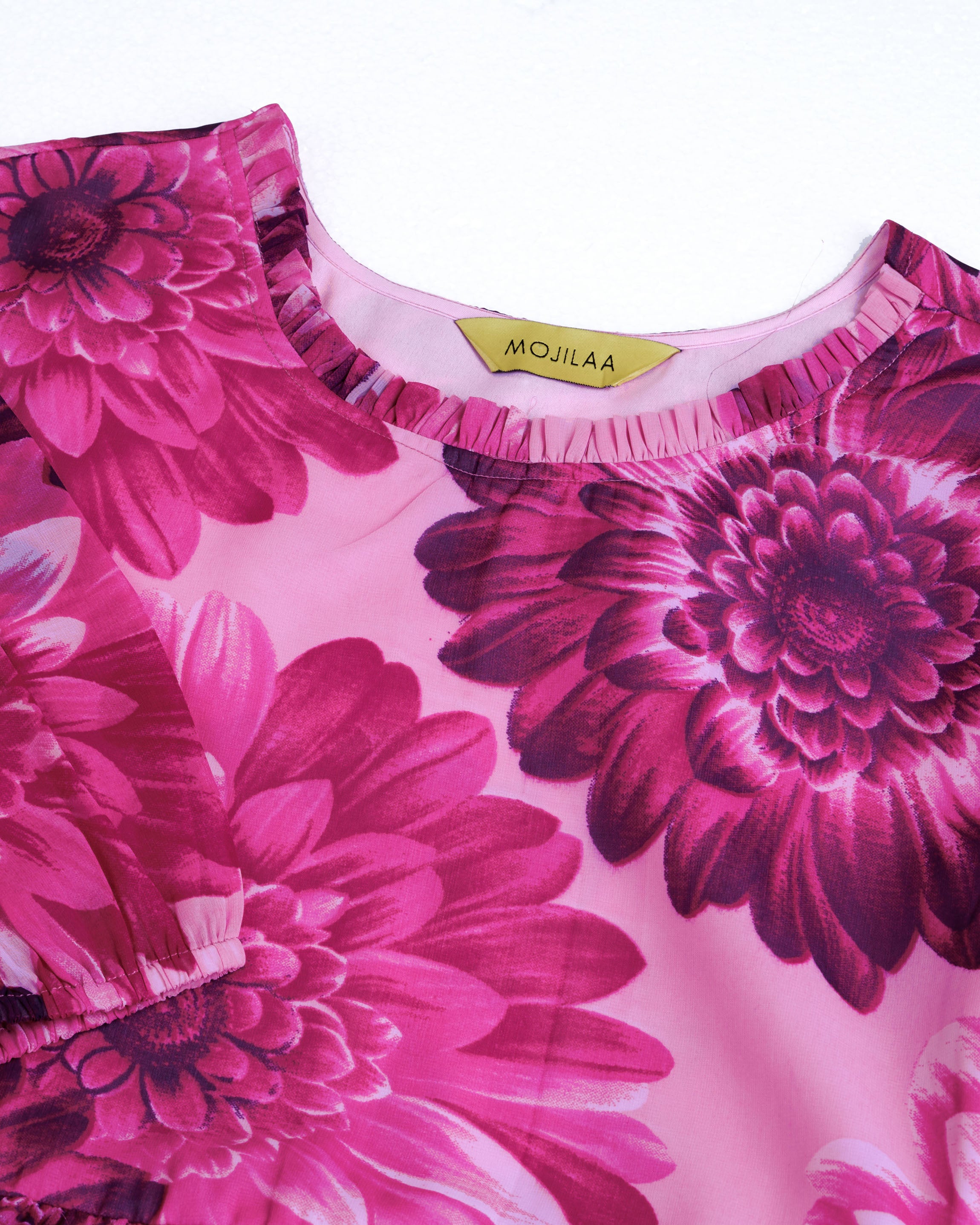 Her Couture Women's Pink Georgette Floral Printed Fit and Flare Dress With Ruffles