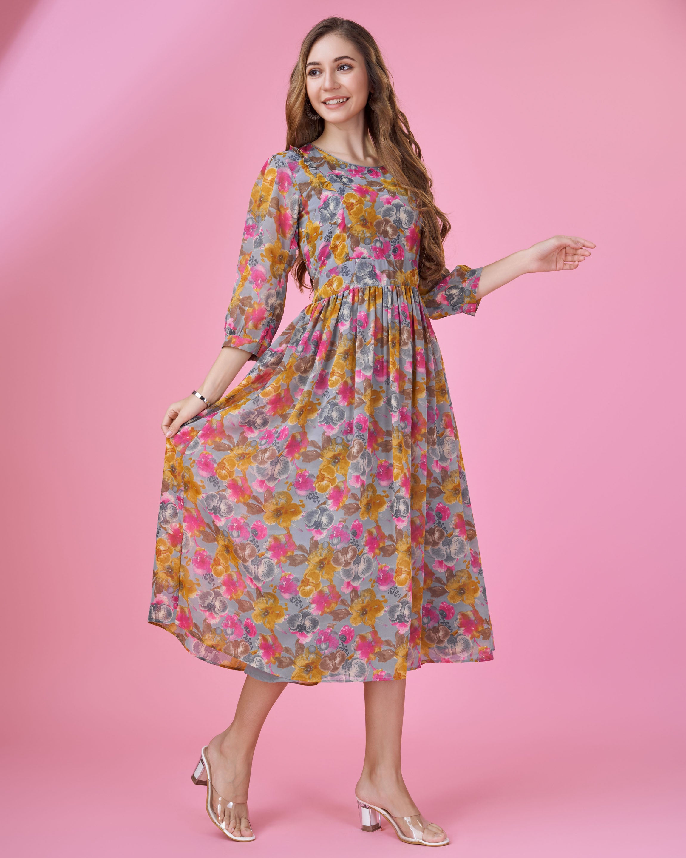 Her Couture Women's Grey Georgette Abstract Printed Fit and Flare Dress With Ruffles