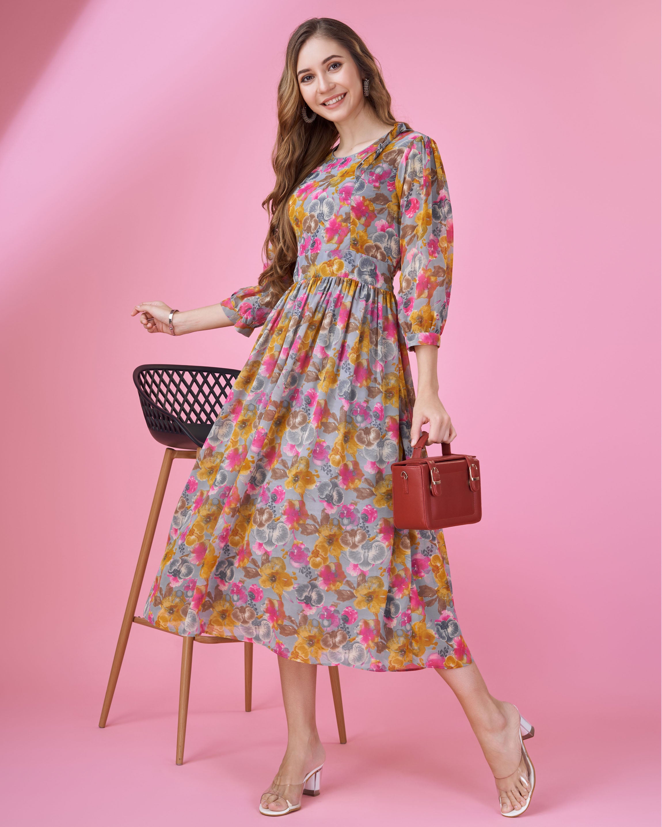 Her Couture Women's Grey Georgette Abstract Printed Fit and Flare Dress With Ruffles