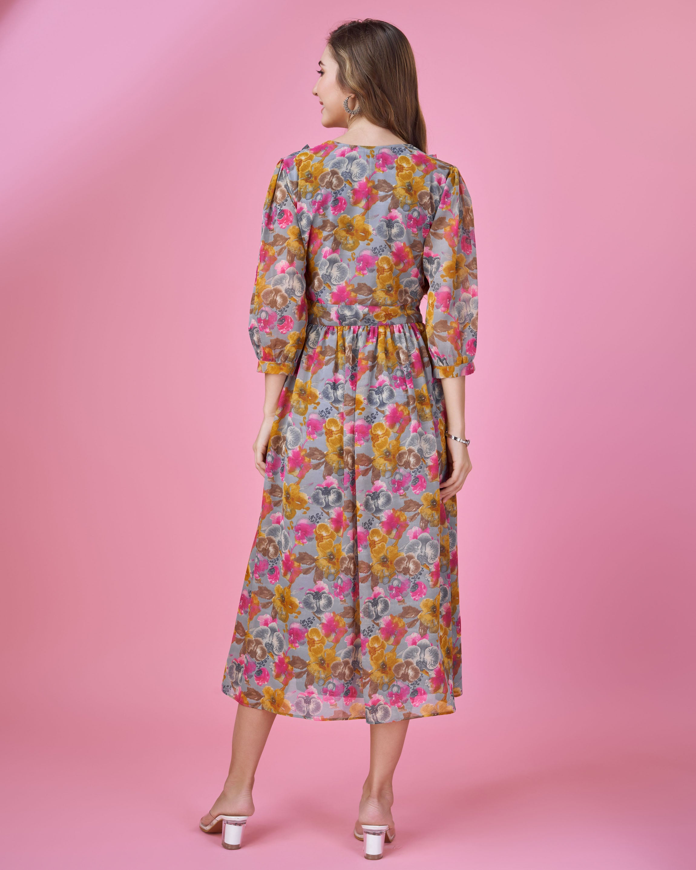 Her Couture Women's Grey Georgette Abstract Printed Fit and Flare Dress With Ruffles