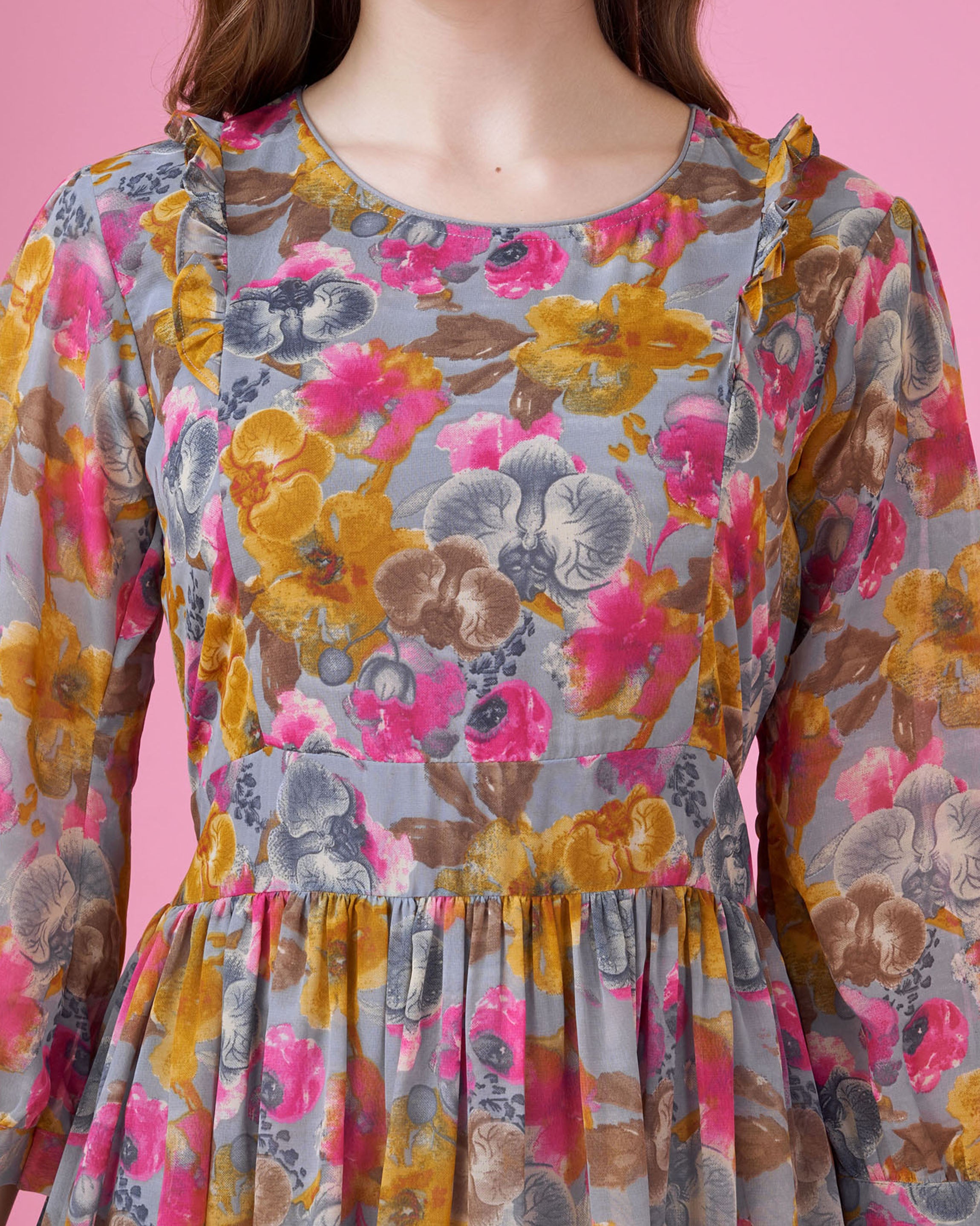 Her Couture Women's Grey Georgette Abstract Printed Fit and Flare Dress With Ruffles