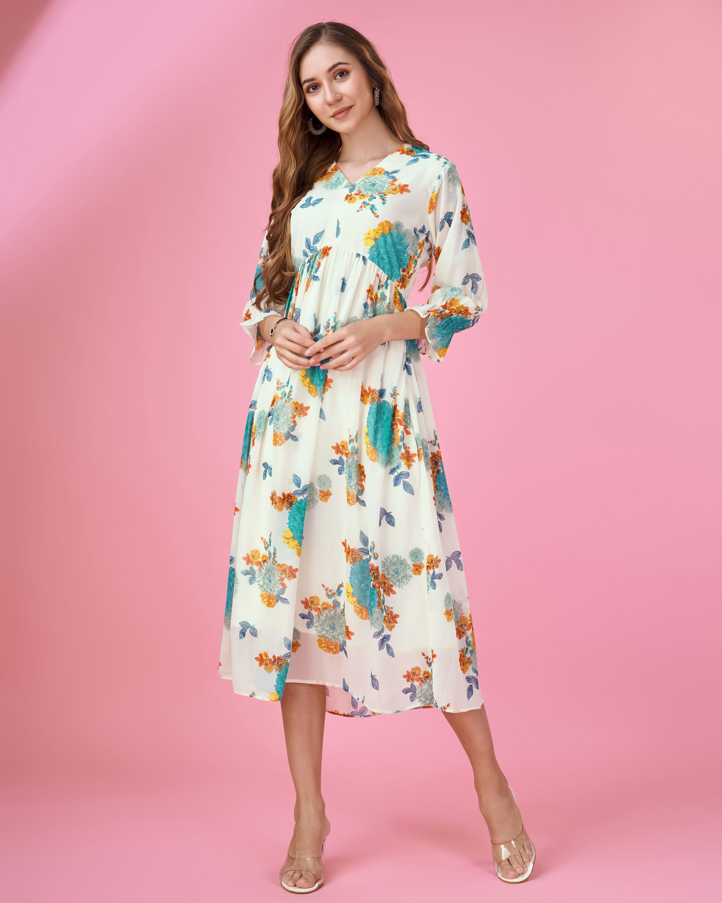 Turquoise Blue Georgette Casual Midi Dress by Her Couture