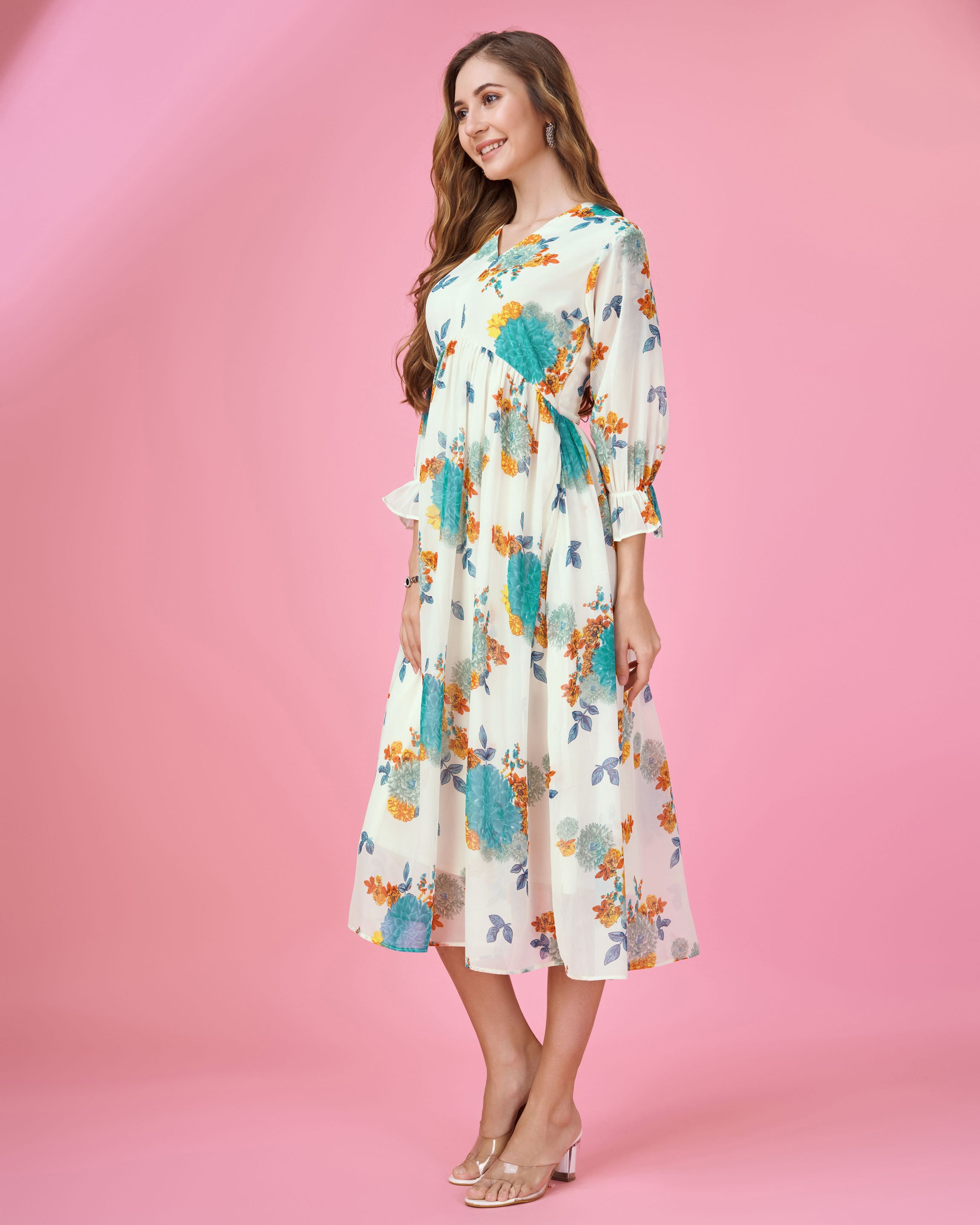 Her Couture Women's Turquoise Blue Georgette Botanical Printed Flared Dress With Empire Style