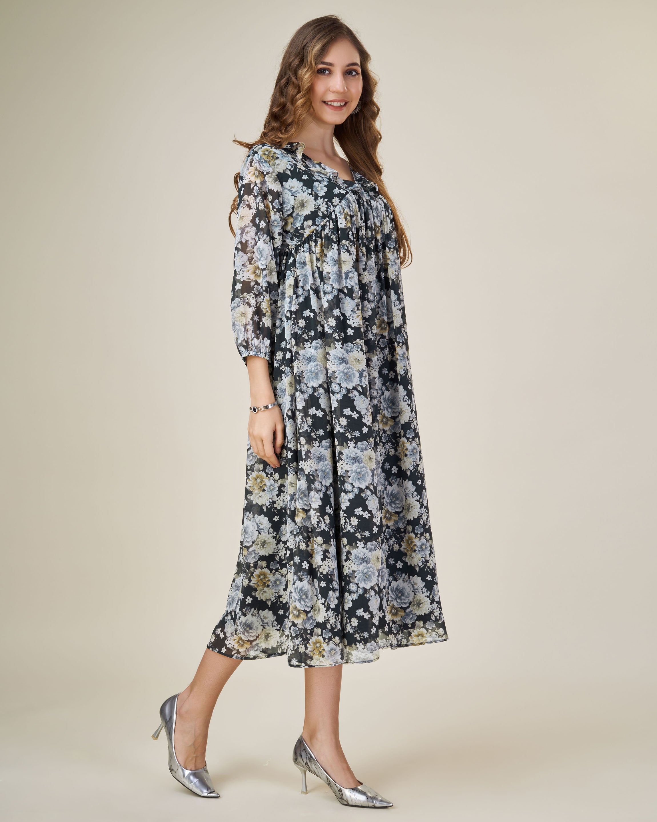 Her Couture Women's Black Georgette Floral Printed Empire Dress With Ruffles